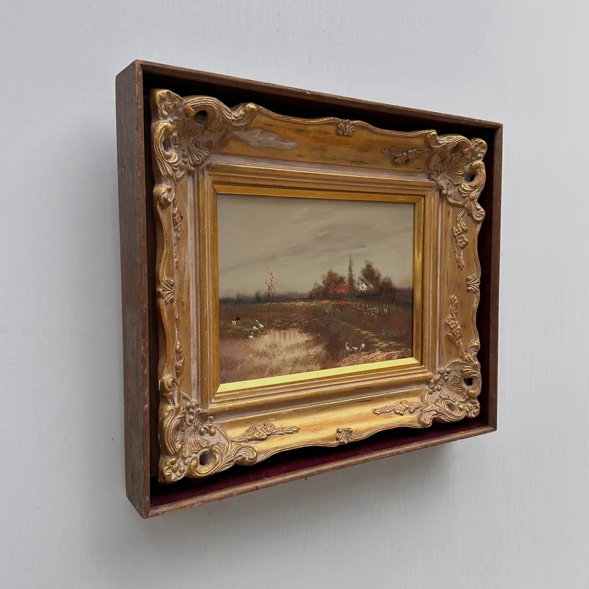Original Barbizon Style Moody Landscape Hand-Painted Oil Painting in Burgundy Velvet Shadow Box with Scalloped Gold Frame - Vintage Oil Painting - Arden Gallery