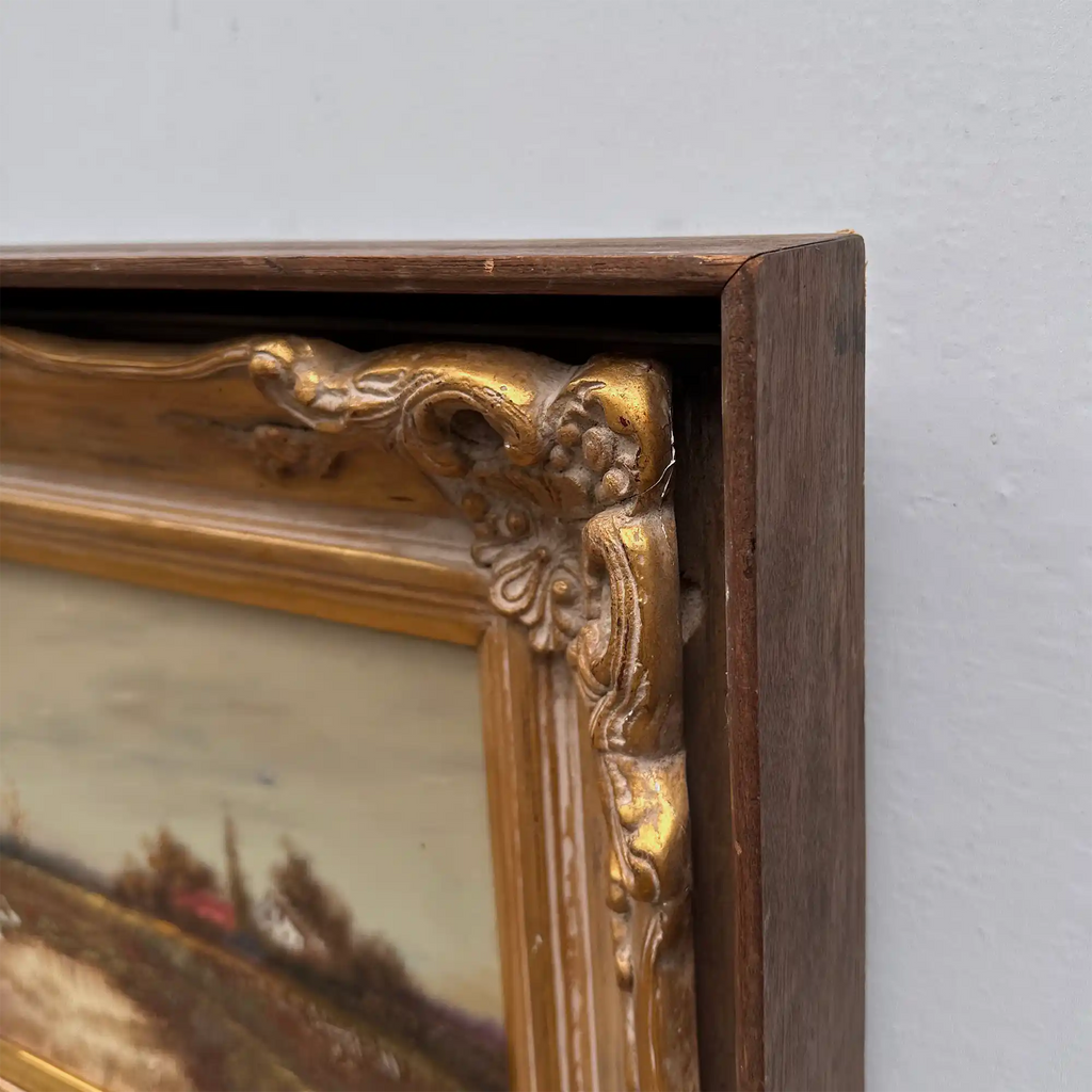 Original Barbizon Style Moody Landscape Hand-Painted Oil Painting in Burgundy Velvet Shadow Box with Scalloped Gold Frame - Vintage Oil Painting - Arden Gallery