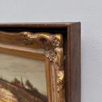 Original Barbizon Style Moody Landscape Hand-Painted Oil Painting in Burgundy Velvet Shadow Box with Scalloped Gold Frame - Vintage Oil Painting - Arden Gallery