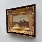 Original Barbizon Style Moody Landscape Hand-Painted Oil Painting in Burgundy Velvet Shadow Box with Scalloped Gold Frame - Vintage Oil Painting - Arden Gallery