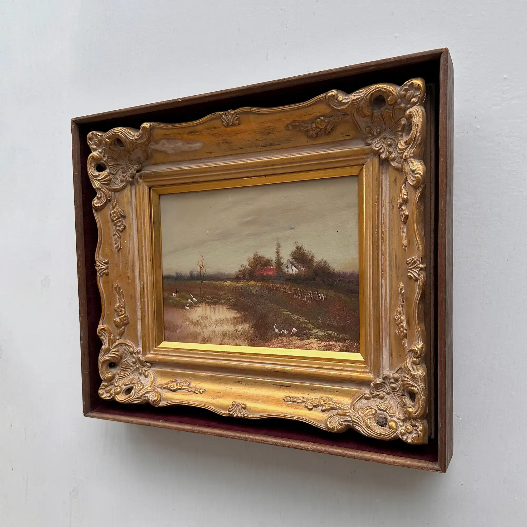 Original Barbizon Style Moody Landscape Hand-Painted Oil Painting in Burgundy Velvet Shadow Box with Scalloped Gold Frame - Vintage Oil Painting - Arden Gallery