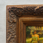 Original Belle Epoque Ladies Walking Dogs Hand-Painted Oil Painting in Heavy Baroque Gold Frame - Vintage Oil Painting - Arden Gallery