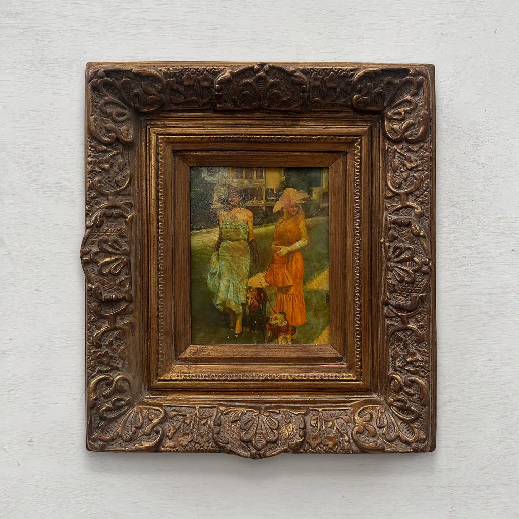 Original Belle Epoque Ladies Walking Dogs Hand-Painted Oil Painting in Heavy Baroque Gold Frame - Vintage Oil Painting - Arden Gallery