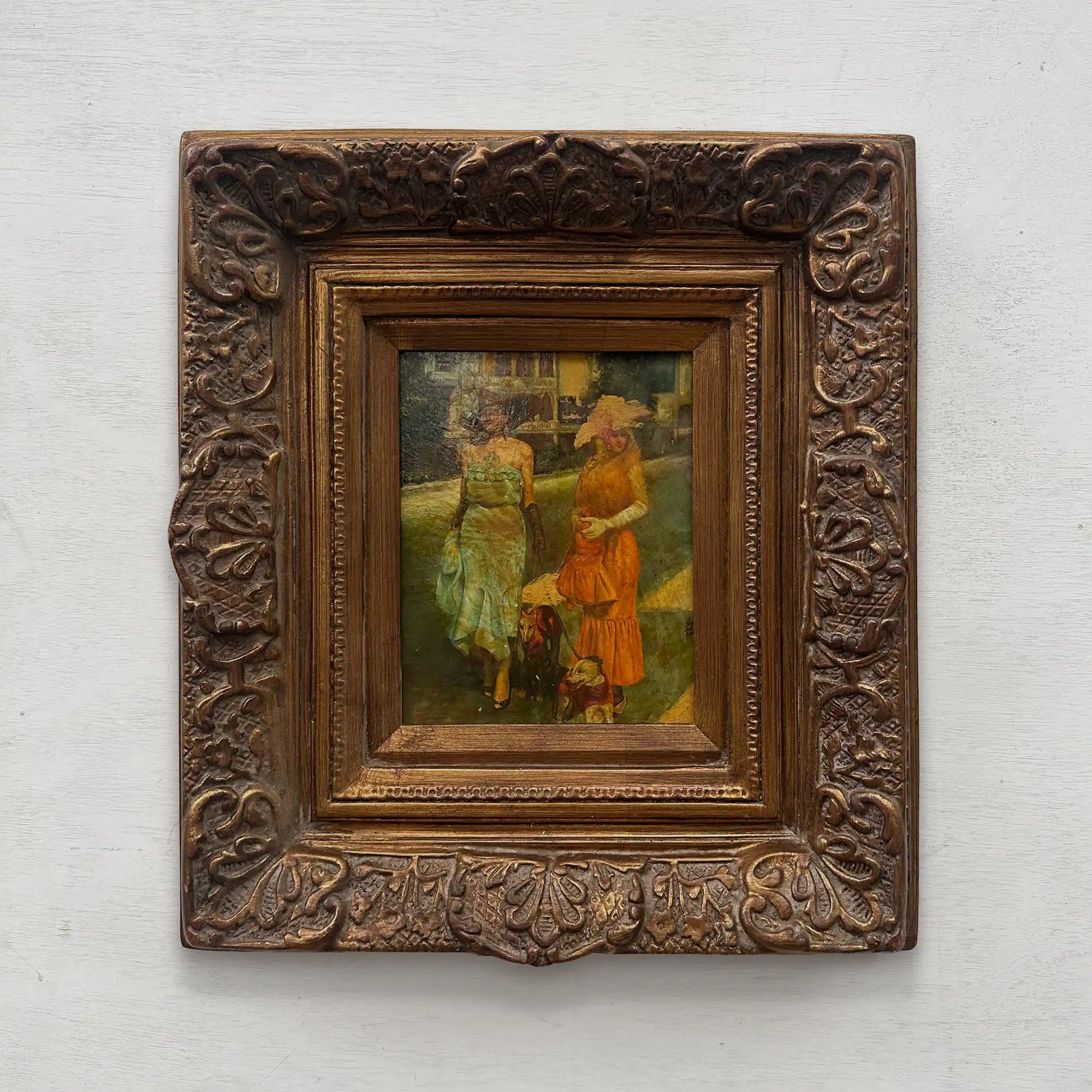 Original Belle Epoque Ladies Walking Dogs Hand-Painted Oil Painting in Heavy Baroque Gold Frame - Vintage Oil Painting - Arden Gallery
