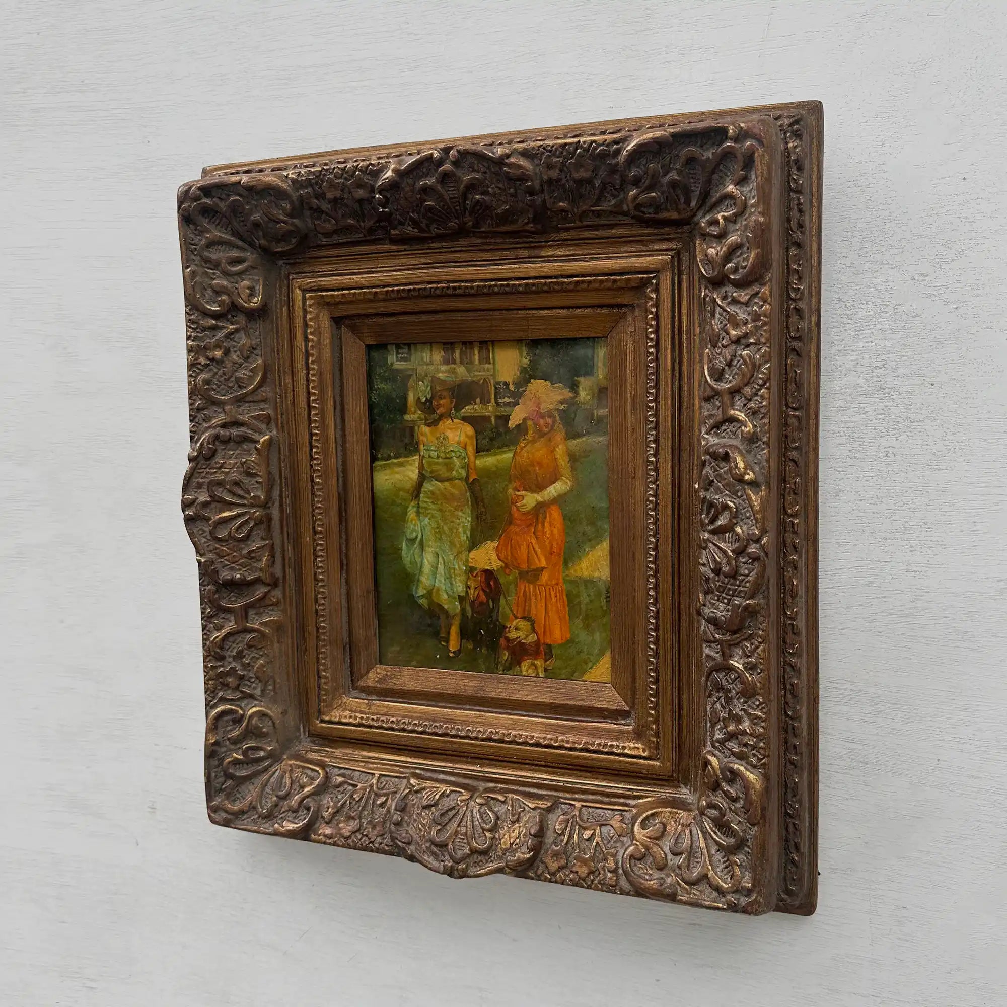 Original Belle Epoque Ladies Walking Dogs Hand-Painted Oil Painting in Heavy Baroque Gold Frame - Vintage Oil Painting - Arden Gallery