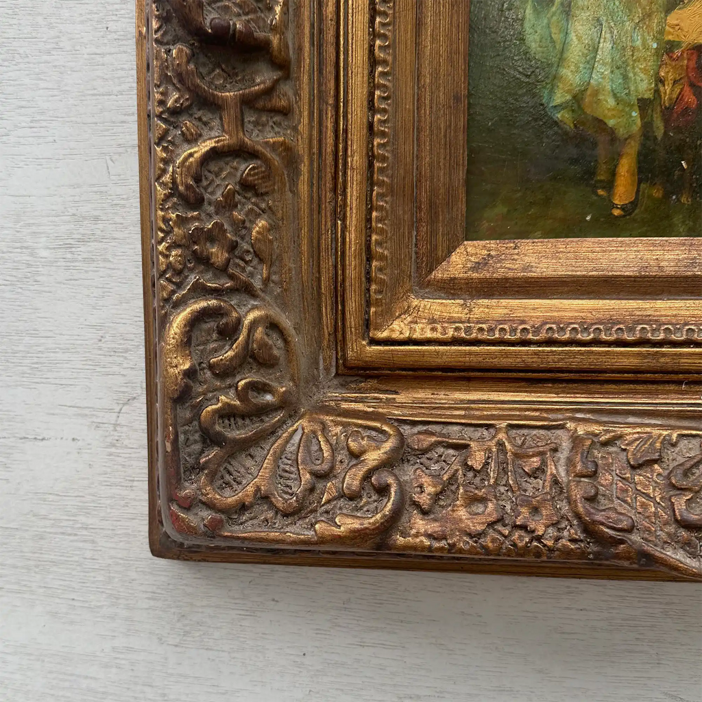 Original Belle Epoque Ladies Walking Dogs Hand-Painted Oil Painting in Heavy Baroque Gold Frame - Vintage Oil Painting - Arden Gallery