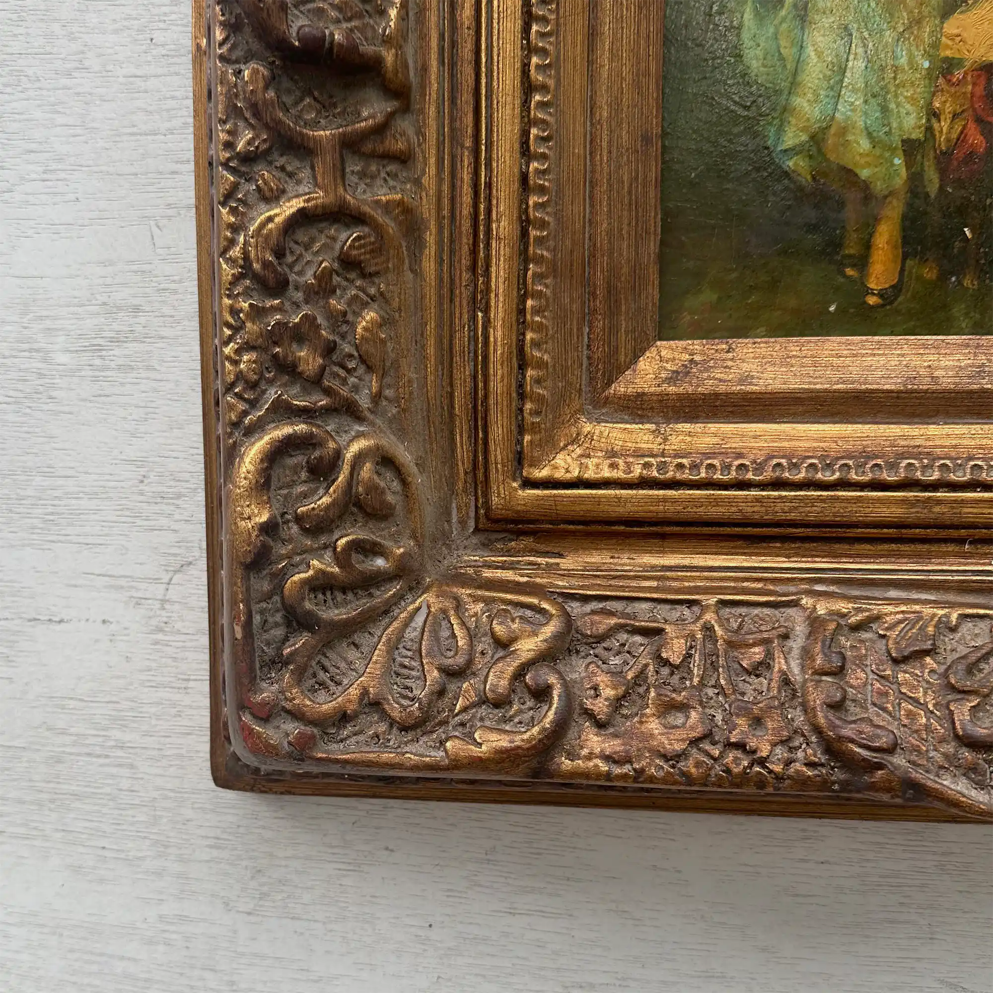Original Belle Epoque Ladies Walking Dogs Hand-Painted Oil Painting in Heavy Baroque Gold Frame - Vintage Oil Painting - Arden Gallery