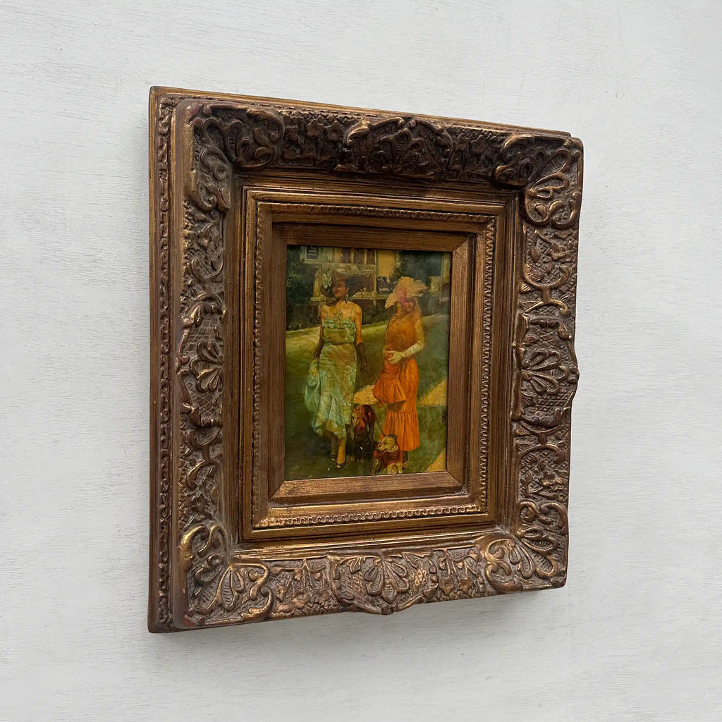 Original Belle Epoque Ladies Walking Dogs Hand-Painted Oil Painting in Heavy Baroque Gold Frame - Vintage Oil Painting - Arden Gallery