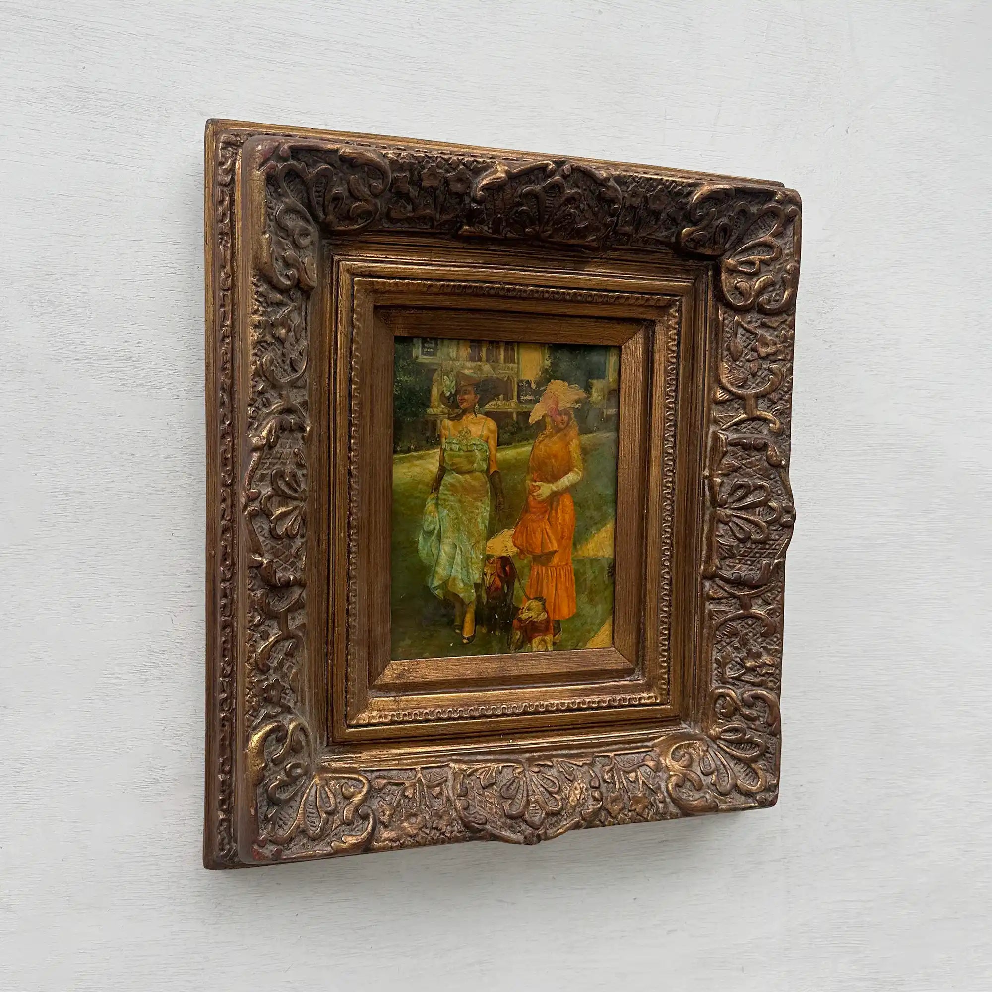 Original Belle Epoque Ladies Walking Dogs Hand-Painted Oil Painting in Heavy Baroque Gold Frame - Vintage Oil Painting - Arden Gallery