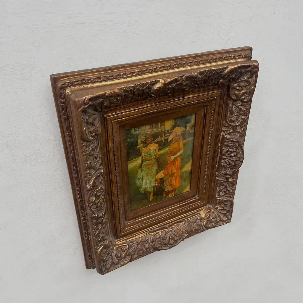 Original Belle Epoque Ladies Walking Dogs Hand-Painted Oil Painting in Heavy Baroque Gold Frame - Vintage Oil Painting - Arden Gallery