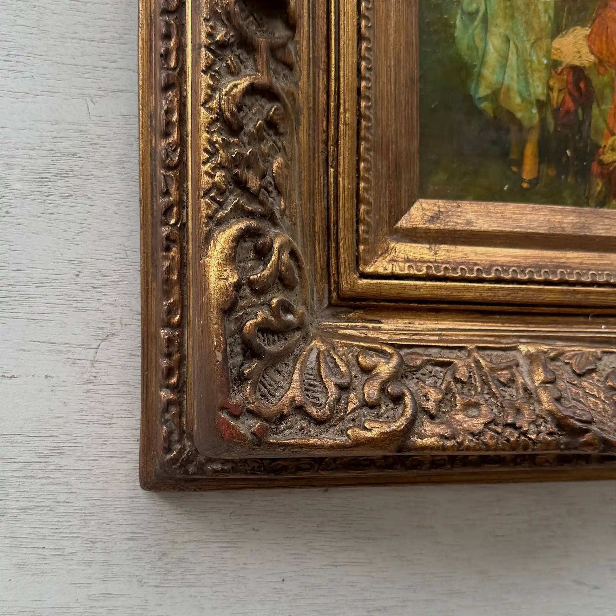 Original Belle Epoque Ladies Walking Dogs Hand-Painted Oil Painting in Heavy Baroque Gold Frame - Vintage Oil Painting - Arden Gallery