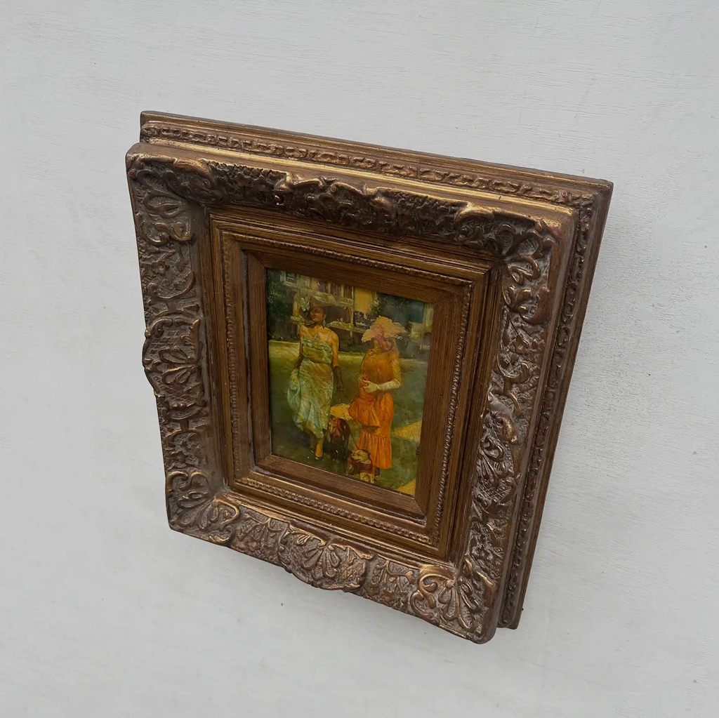 Original Belle Epoque Ladies Walking Dogs Hand-Painted Oil Painting in Heavy Baroque Gold Frame - Vintage Oil Painting - Arden Gallery