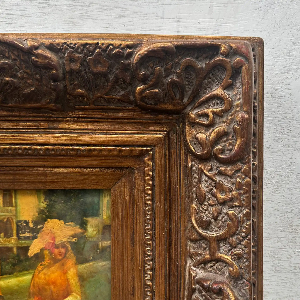 Original Belle Epoque Ladies Walking Dogs Hand-Painted Oil Painting in Heavy Baroque Gold Frame - Vintage Oil Painting - Arden Gallery