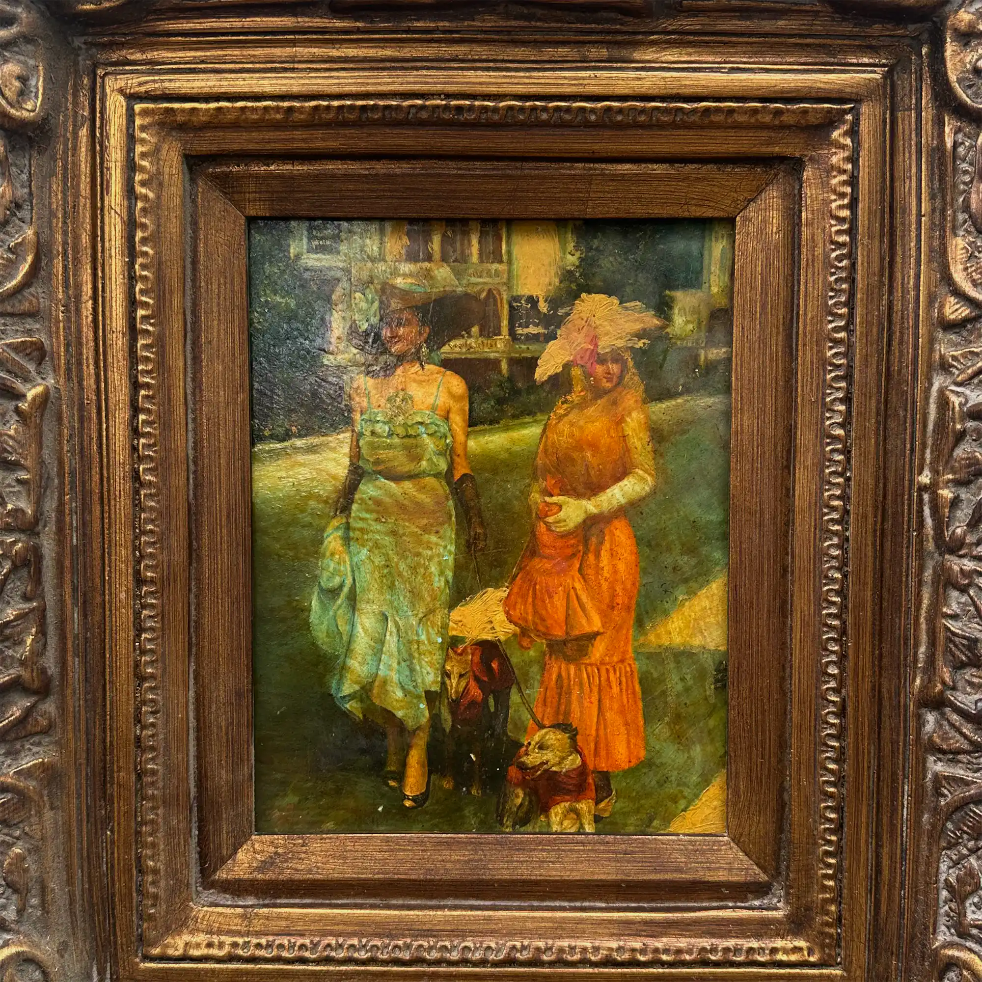 Original Belle Epoque Ladies Walking Dogs Hand-Painted Oil Painting in Heavy Baroque Gold Frame - Vintage Oil Painting - Arden Gallery