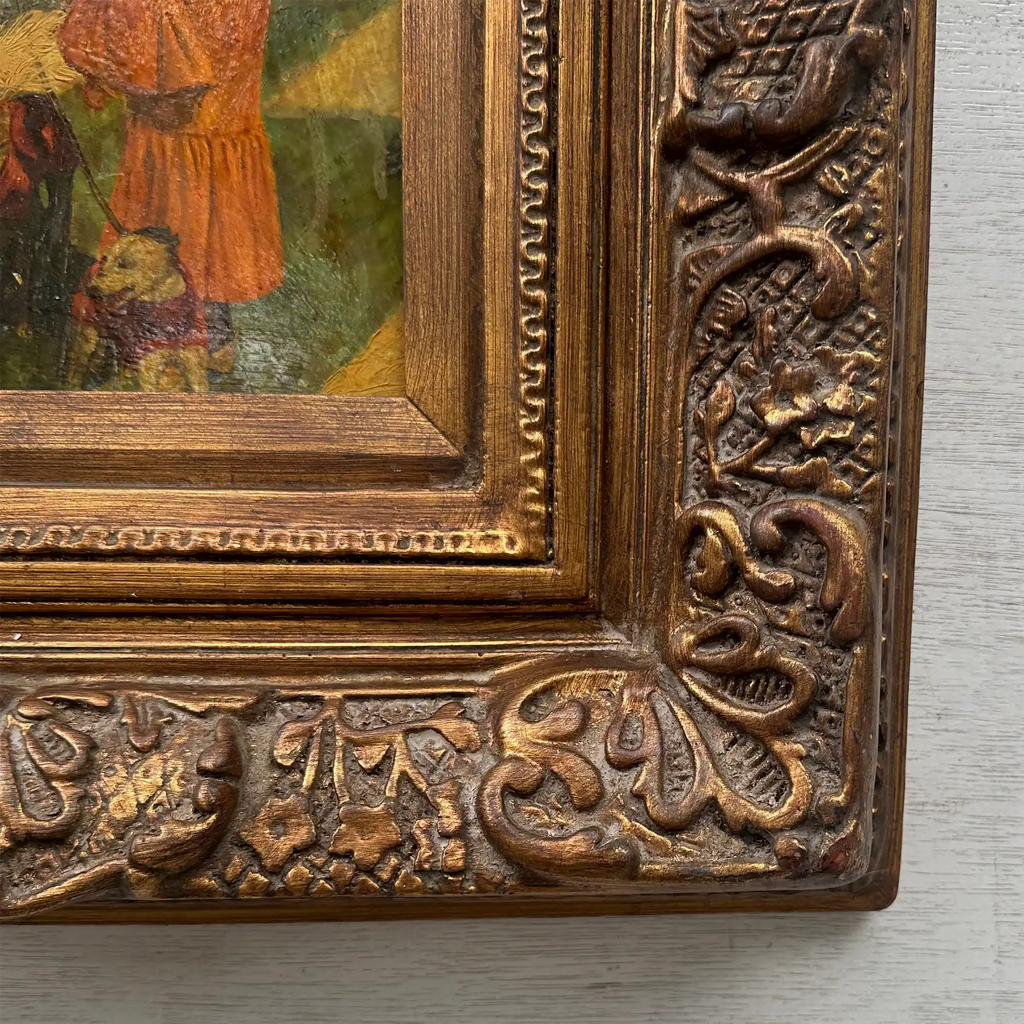 Original Belle Epoque Ladies Walking Dogs Hand-Painted Oil Painting in Heavy Baroque Gold Frame - Vintage Oil Painting - Arden Gallery