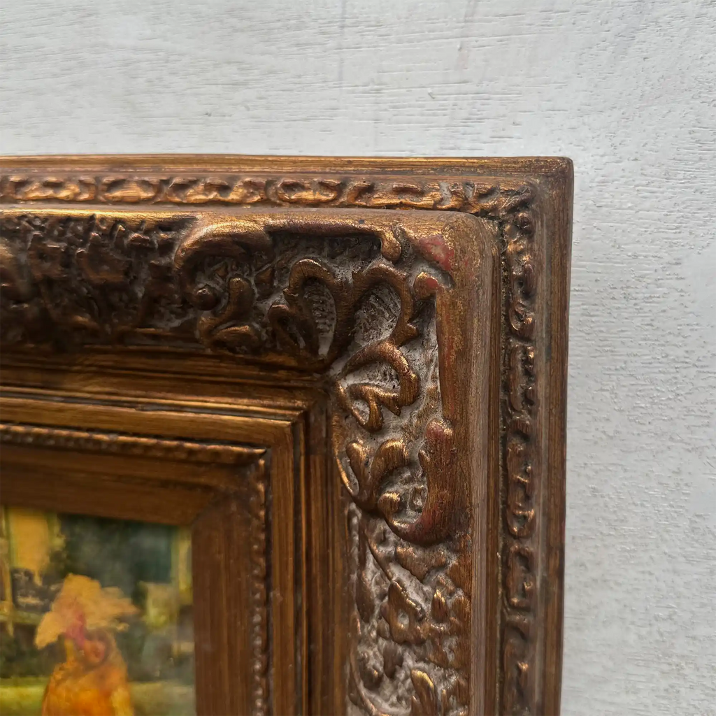 Original Belle Epoque Ladies Walking Dogs Hand-Painted Oil Painting in Heavy Baroque Gold Frame - Vintage Oil Painting - Arden Gallery