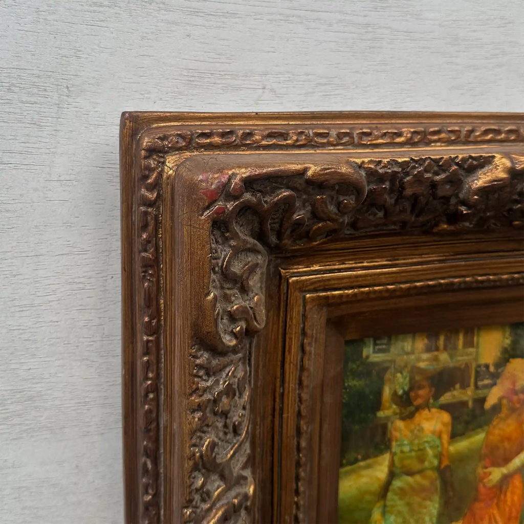 Original Belle Epoque Ladies Walking Dogs Hand-Painted Oil Painting in Heavy Baroque Gold Frame - Vintage Oil Painting - Arden Gallery