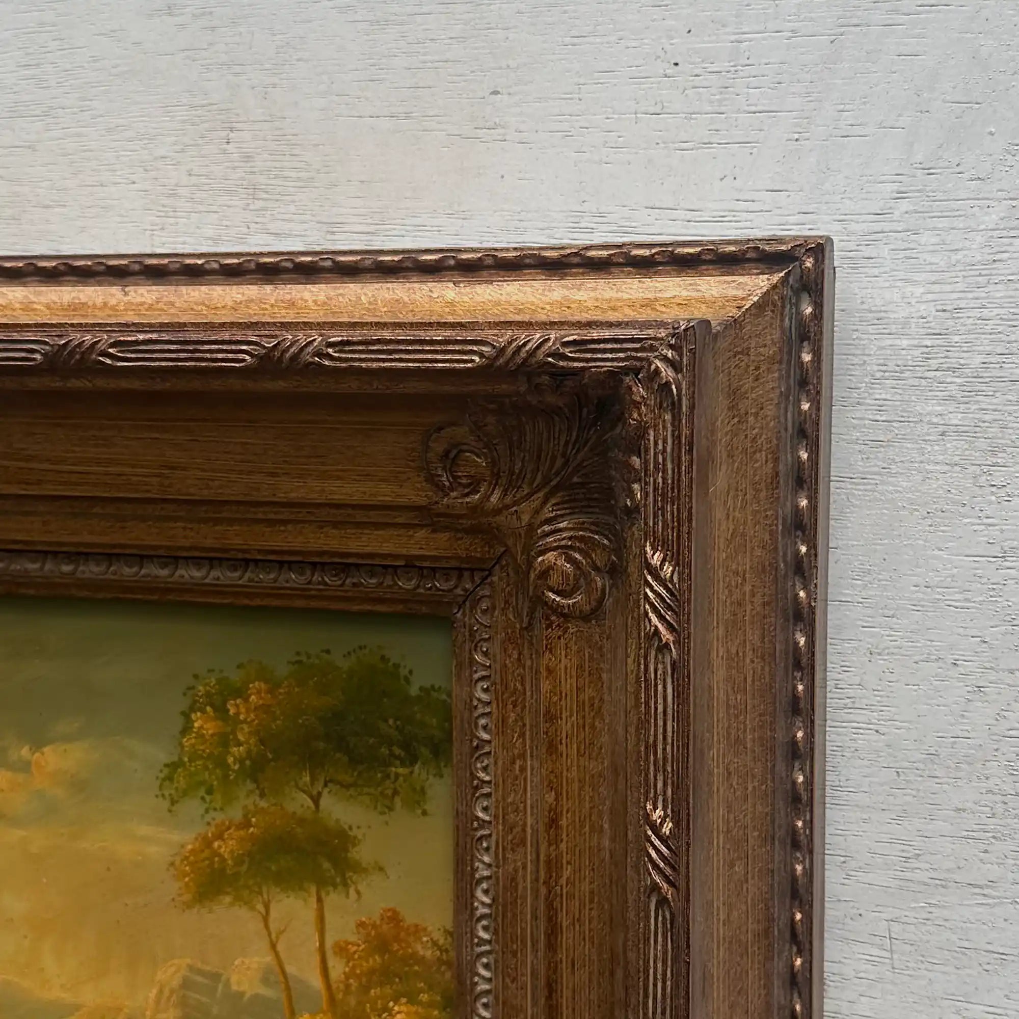 Original European Landscape Painting, Oil on Wood Board in Fine Ornate Frame, One of a Kind Vintage Artwork 14.57×16.54in - Vintage Oil Painting - Arden Gallery