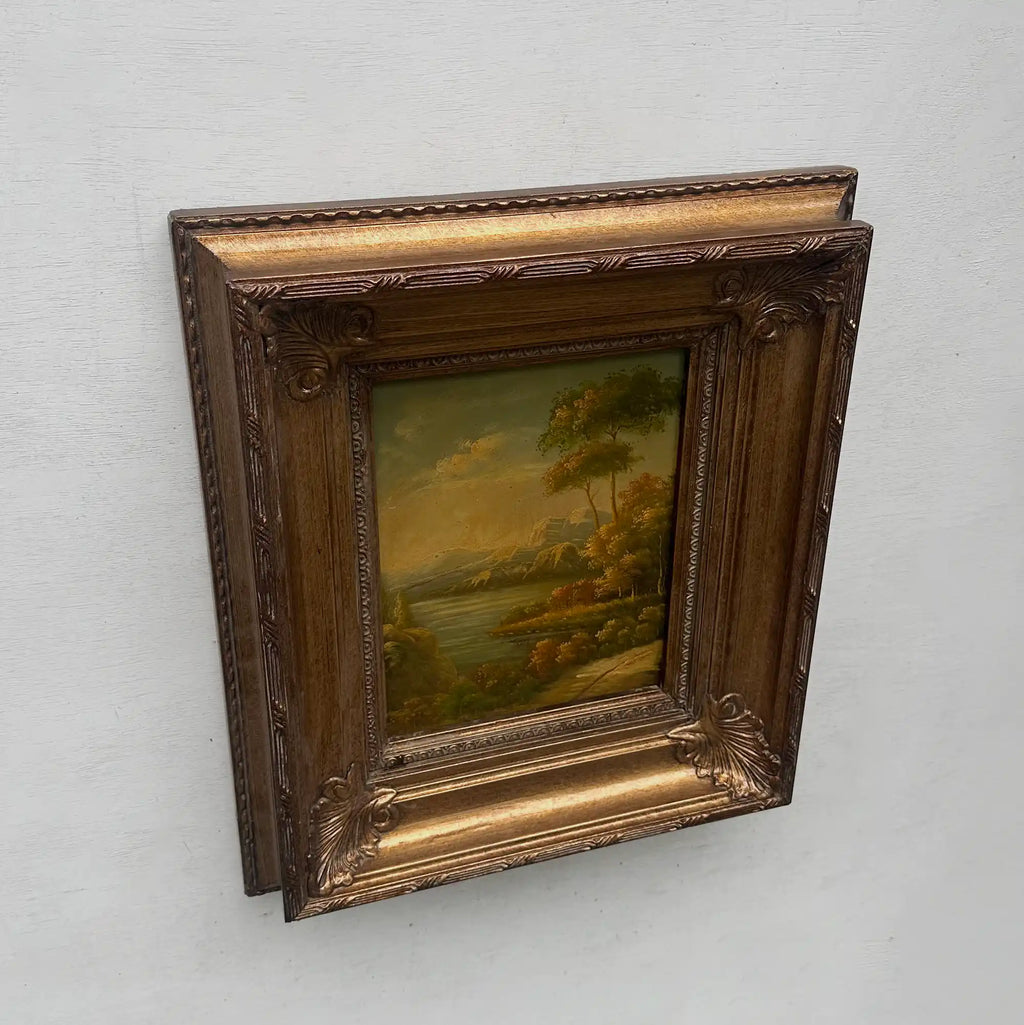 Original European Landscape Painting, Oil on Wood Board in Fine Ornate Frame, One of a Kind Vintage Artwork 14.57×16.54in - Vintage Oil Painting - Arden Gallery
