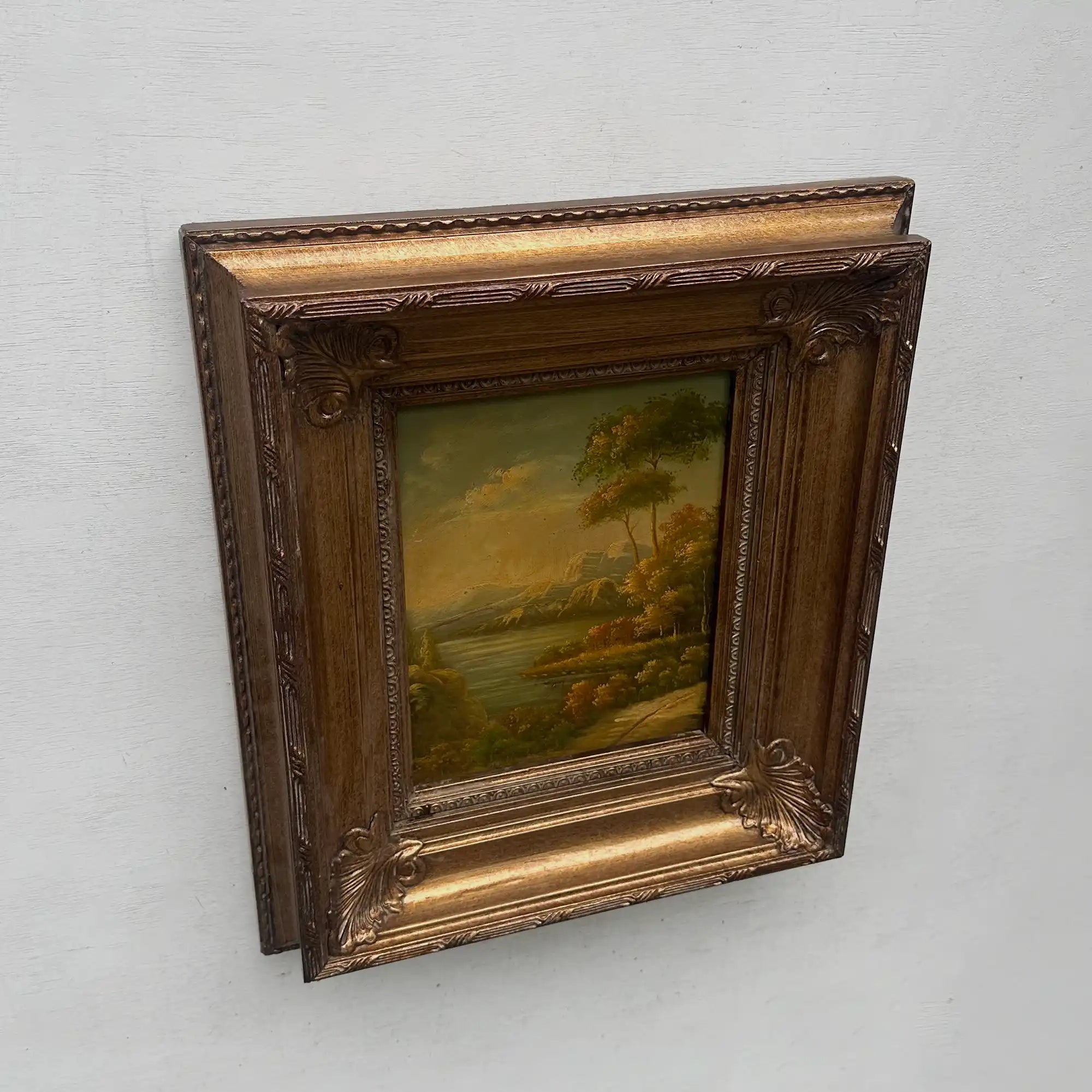 Original European Landscape Painting, Oil on Wood Board in Fine Ornate Frame, One of a Kind Vintage Artwork 14.57×16.54in - Vintage Oil Painting - Arden Gallery