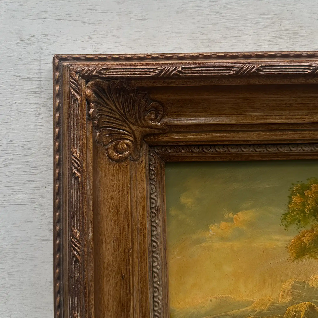 Original European Landscape Painting, Oil on Wood Board in Fine Ornate Frame, One of a Kind Vintage Artwork 14.57×16.54in - Vintage Oil Painting - Arden Gallery