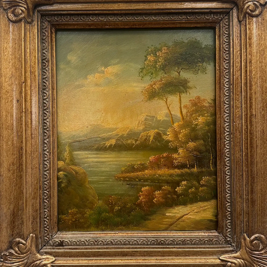Original European Landscape Painting, Oil on Wood Board in Fine Ornate Frame, One of a Kind Vintage Artwork 14.57×16.54in - Vintage Oil Painting - Arden Gallery