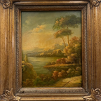 Original European Landscape Painting, Oil on Wood Board in Fine Ornate Frame, One of a Kind Vintage Artwork 14.57×16.54in - Vintage Oil Painting - Arden Gallery