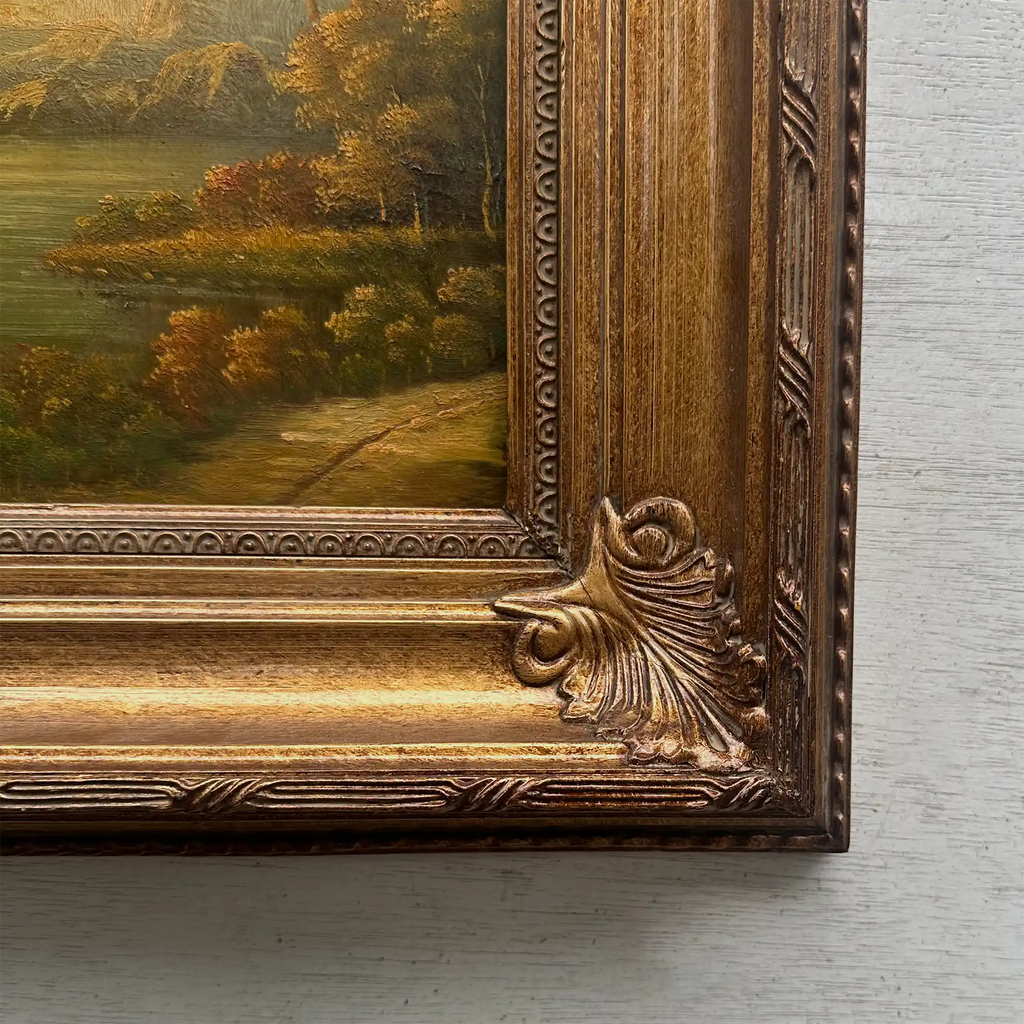 Original European Landscape Painting, Oil on Wood Board in Fine Ornate Frame, One of a Kind Vintage Artwork 14.57×16.54in - Vintage Oil Painting - Arden Gallery