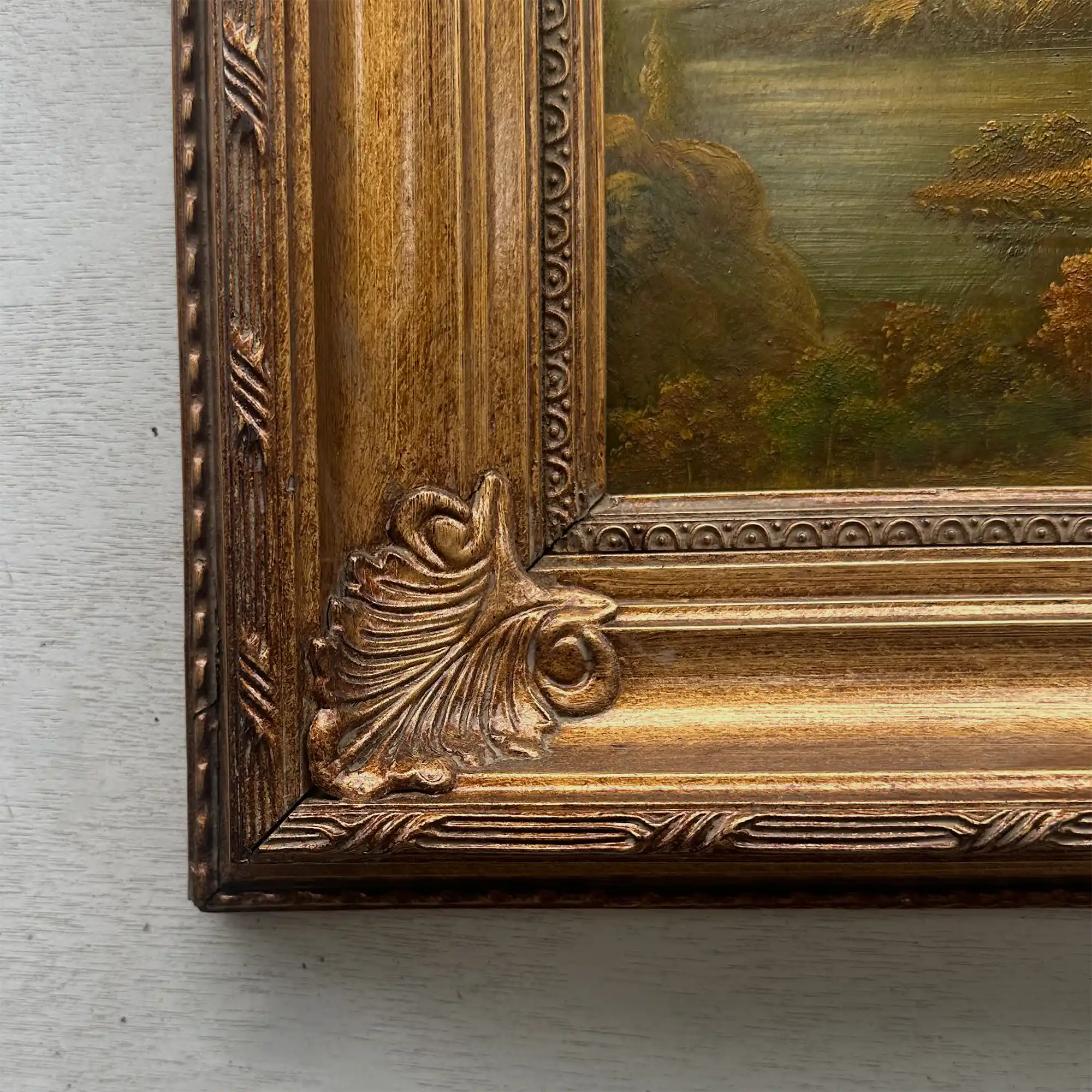 Original European Landscape Painting, Oil on Wood Board in Fine Ornate Frame, One of a Kind Vintage Artwork 14.57×16.54in - Vintage Oil Painting - Arden Gallery