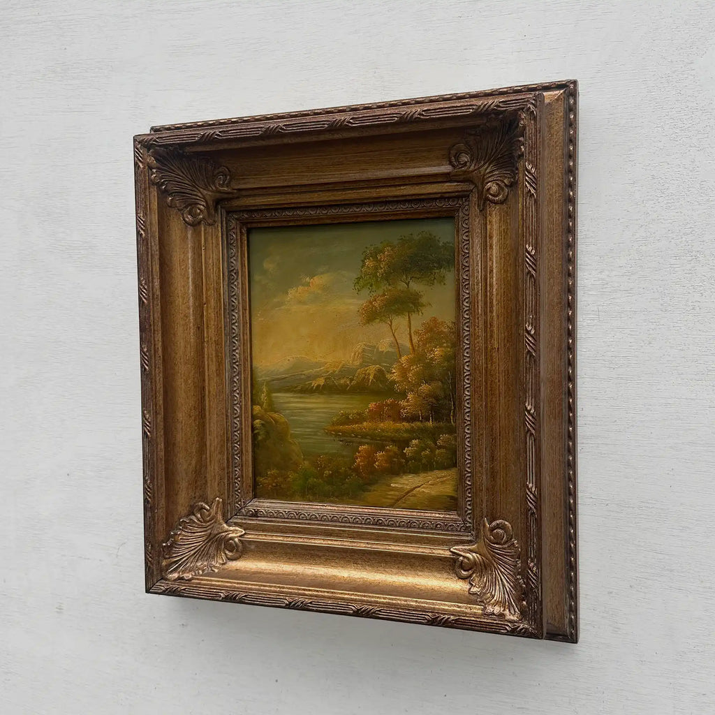 Original European Landscape Painting, Oil on Wood Board in Fine Ornate Frame, One of a Kind Vintage Artwork 14.57×16.54in - Vintage Oil Painting - Arden Gallery