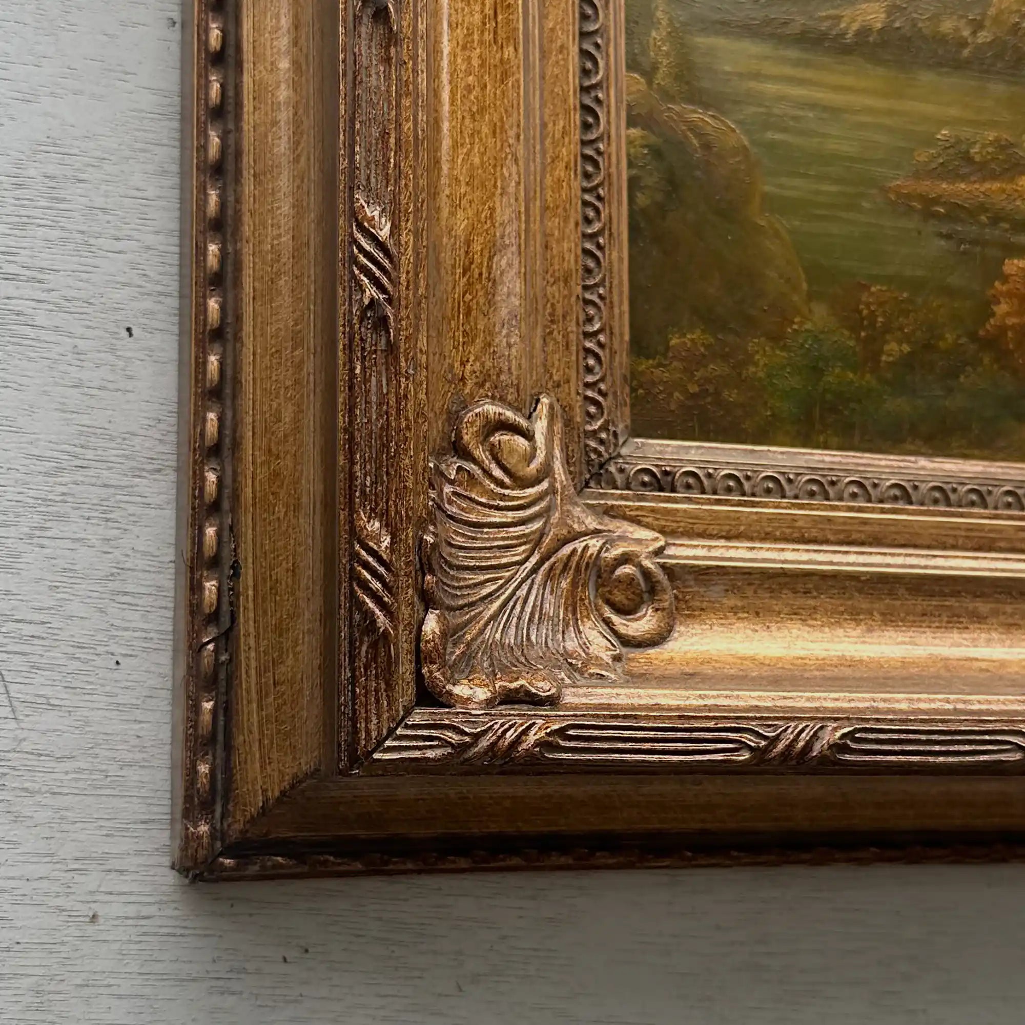 Original European Landscape Painting, Oil on Wood Board in Fine Ornate Frame, One of a Kind Vintage Artwork 14.57×16.54in - Vintage Oil Painting - Arden Gallery