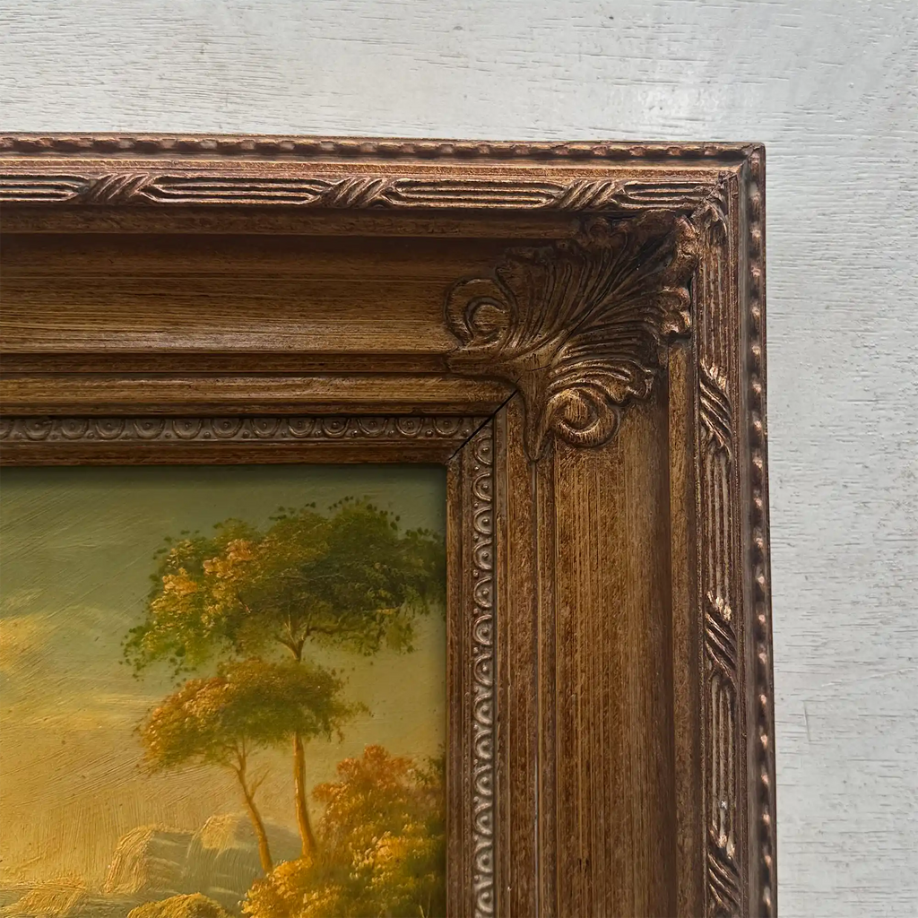 Original European Landscape Painting, Oil on Wood Board in Fine Ornate Frame, One of a Kind Vintage Artwork 14.57×16.54in - Vintage Oil Painting - Arden Gallery