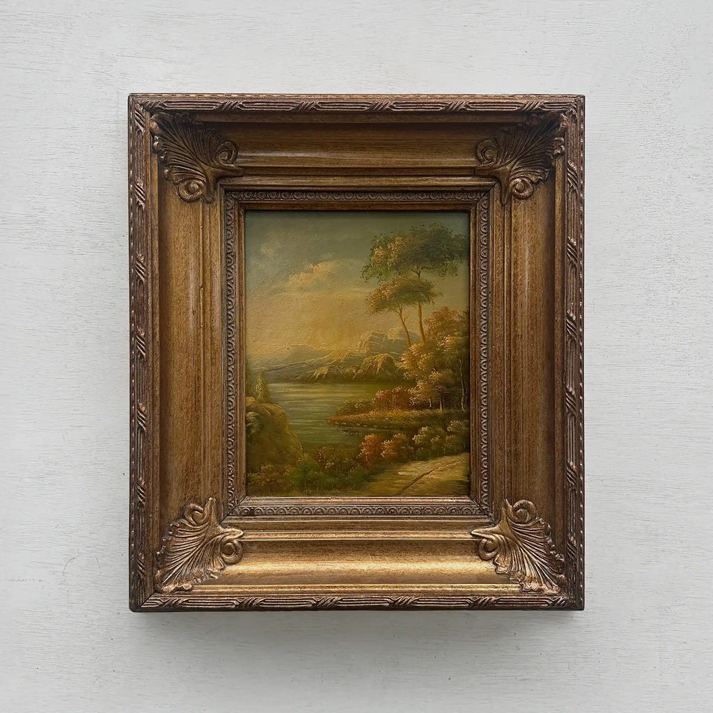 Original European Landscape Painting, Oil on Wood Board in Fine Ornate Frame, One of a Kind Vintage Artwork 14.57×16.54in - Vintage Oil Painting - Arden Gallery
