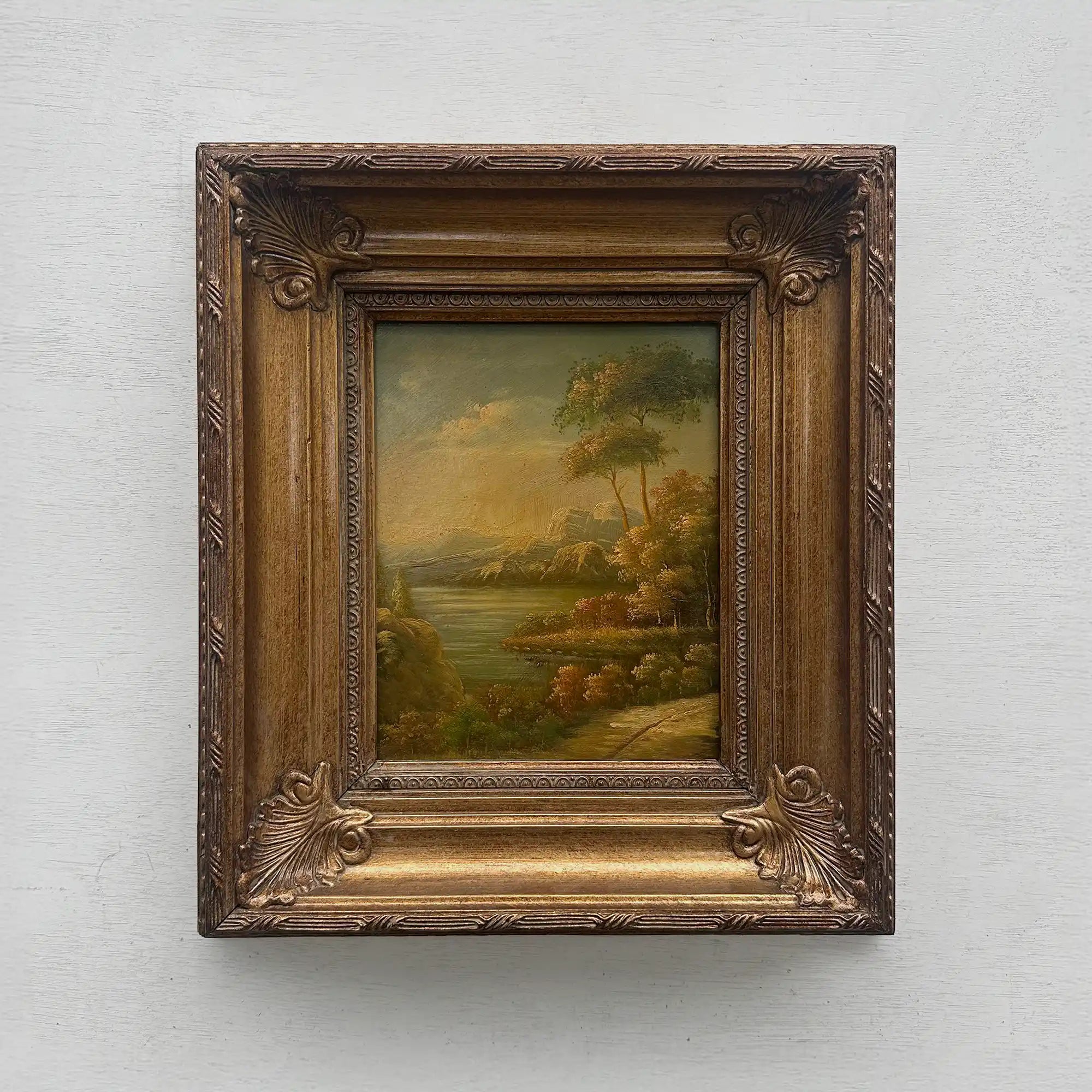 Original European Landscape Painting, Oil on Wood Board in Fine Ornate Frame, One of a Kind Vintage Artwork 14.57×16.54in - Vintage Oil Painting - Arden Gallery