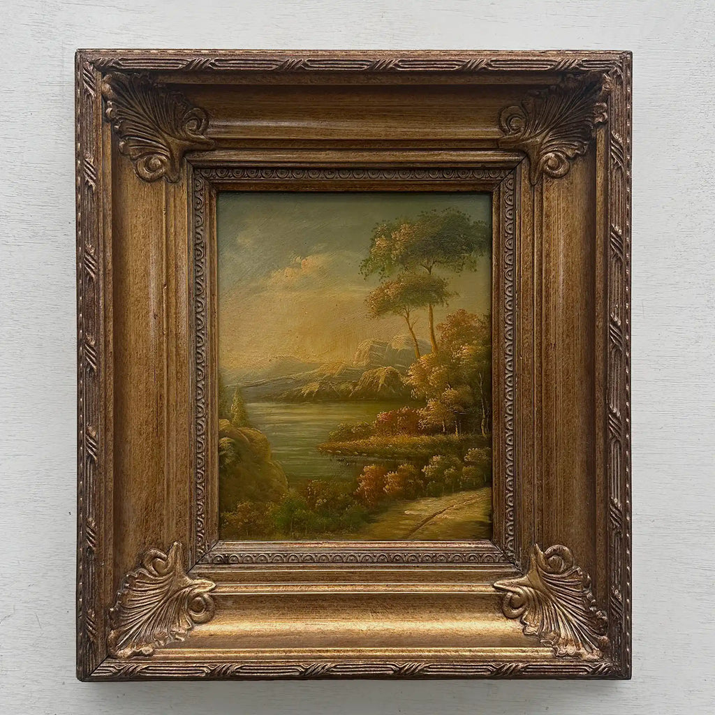 Original European Landscape Painting, Oil on Wood Board in Fine Ornate Frame, One of a Kind Vintage Artwork 14.57×16.54in - Vintage Oil Painting - Arden Gallery
