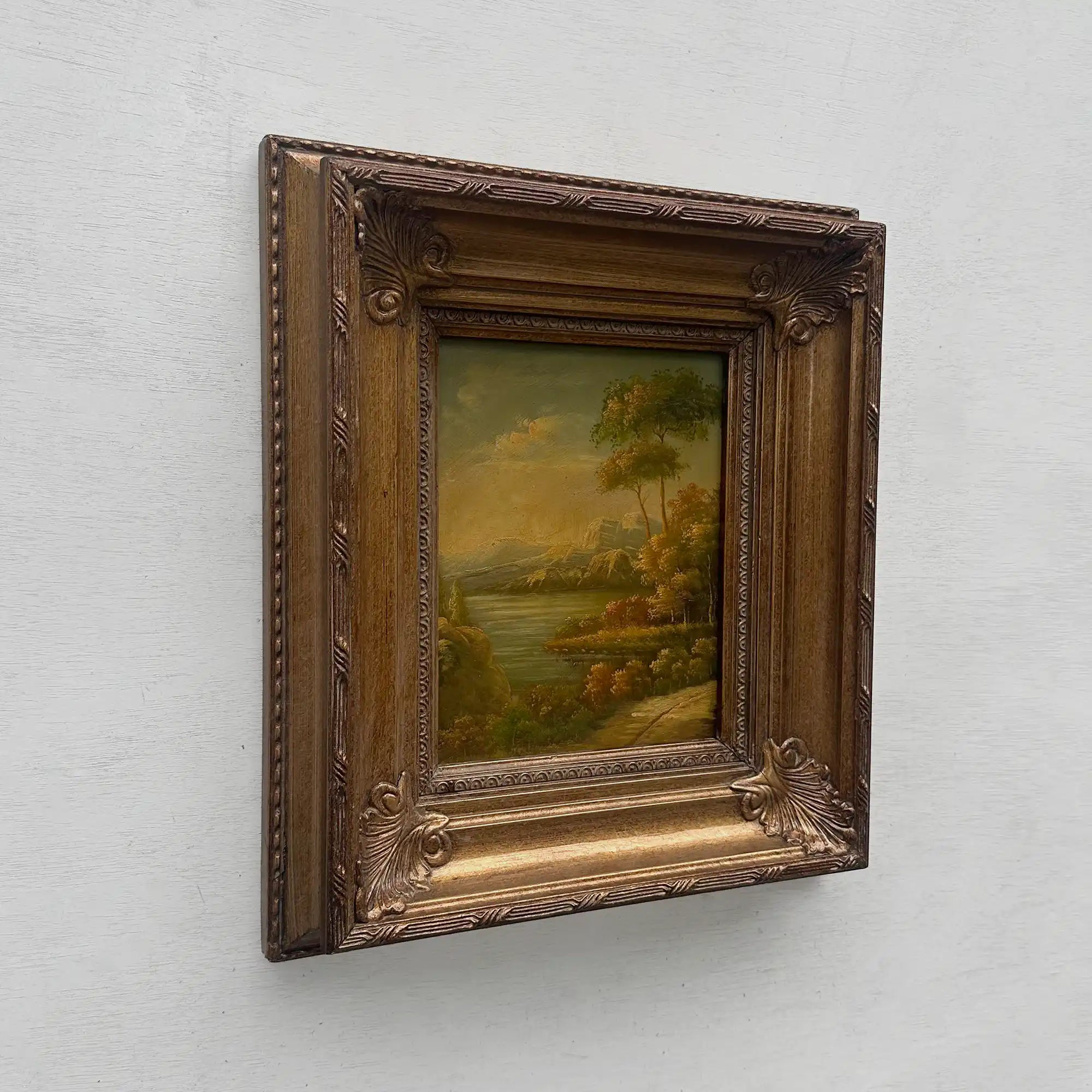Original European Landscape Painting, Oil on Wood Board in Fine Ornate Frame, One of a Kind Vintage Artwork 14.57×16.54in - Vintage Oil Painting - Arden Gallery