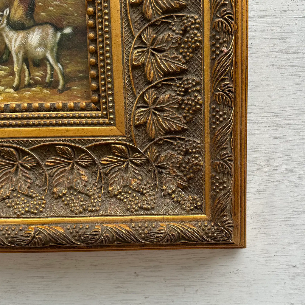 Original Farmhouse Goats Hand-Painted Oil Painting in Heavy Ornate Grapevine Gold Frame   ( with Frame 50 x 45 cm ) - Vintage Oil Painting - Arden Gallery