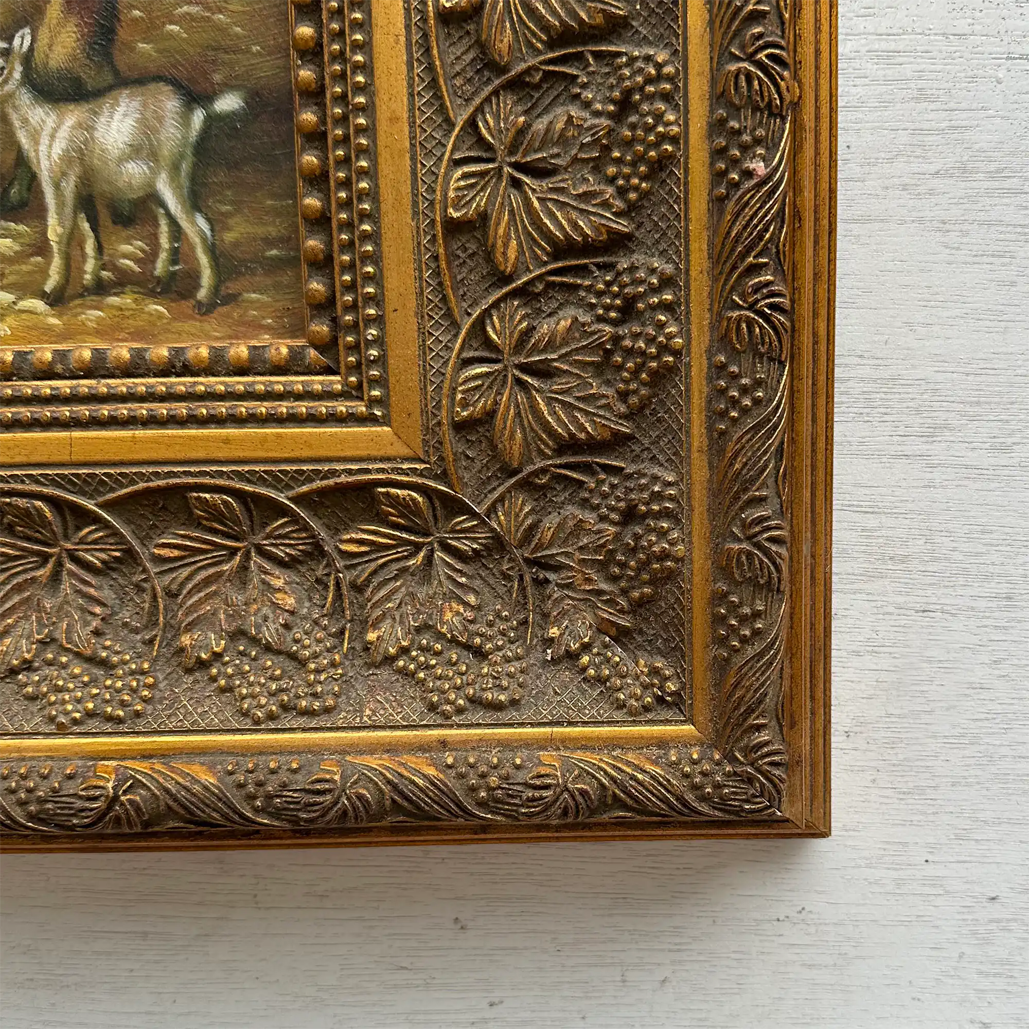 Original Farmhouse Goats Hand-Painted Oil Painting in Heavy Ornate Grapevine Gold Frame   ( with Frame 50 x 45 cm ) - Vintage Oil Painting - Arden Gallery