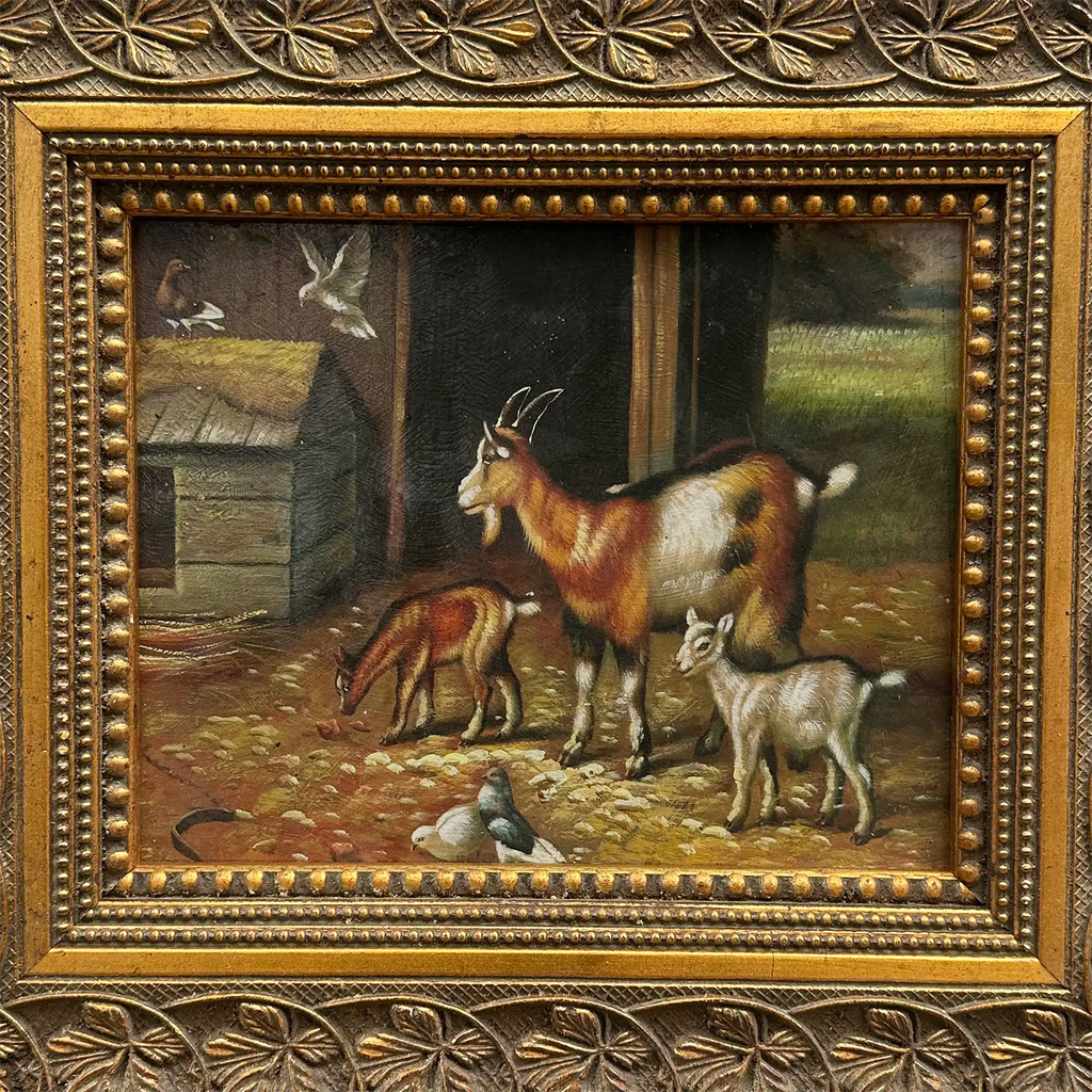 Original Farmhouse Goats Hand-Painted Oil Painting in Heavy Ornate Grapevine Gold Frame   ( with Frame 50 x 45 cm ) - Vintage Oil Painting - Arden Gallery