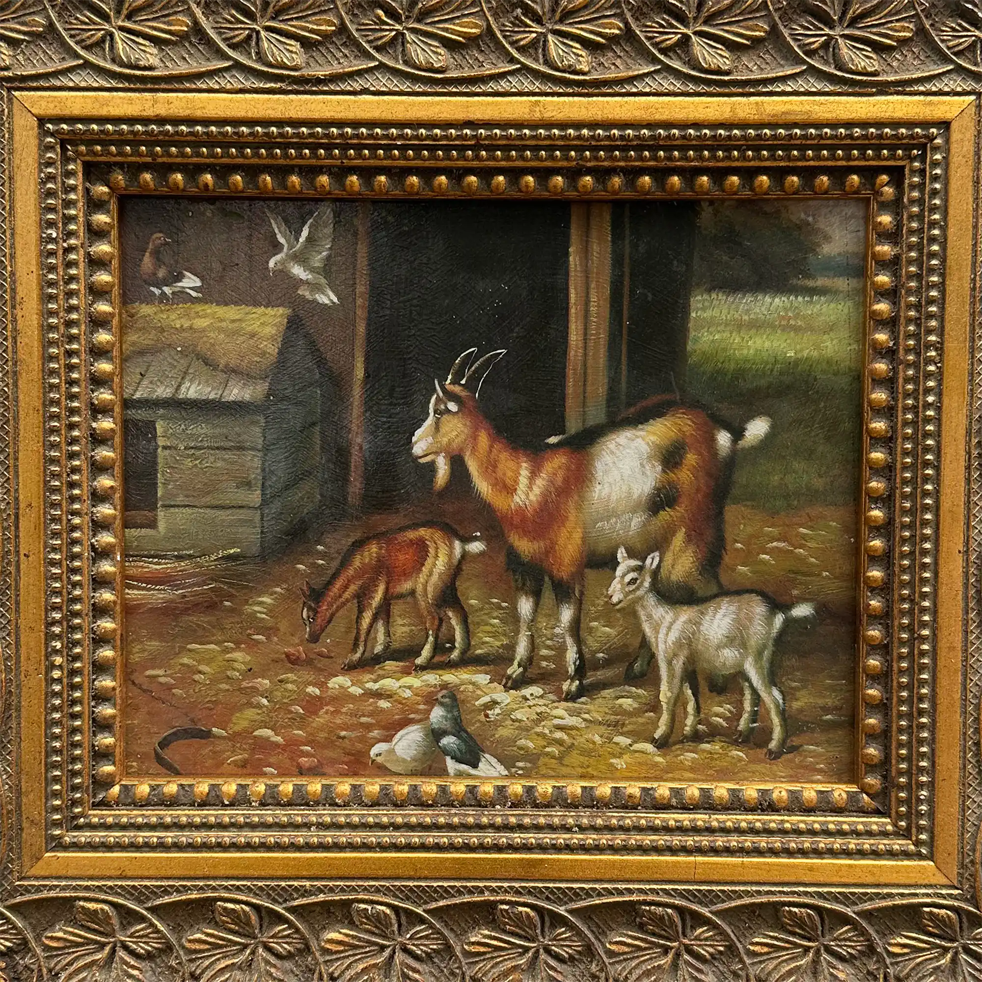 Original Farmhouse Goats Hand-Painted Oil Painting in Heavy Ornate Grapevine Gold Frame   ( with Frame 50 x 45 cm ) - Vintage Oil Painting - Arden Gallery