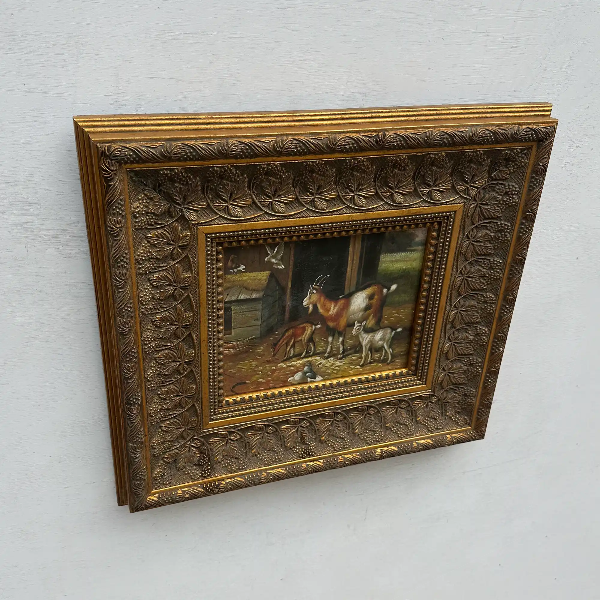 Original Farmhouse Goats Hand-Painted Oil Painting in Heavy Ornate Grapevine Gold Frame   ( with Frame 50 x 45 cm ) - Vintage Oil Painting - Arden Gallery
