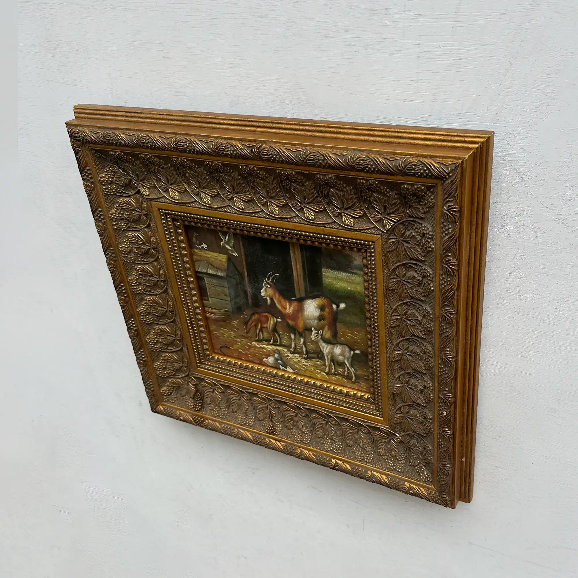 Original Farmhouse Goats Hand-Painted Oil Painting in Heavy Ornate Grapevine Gold Frame   ( with Frame 50 x 45 cm ) - Vintage Oil Painting - Arden Gallery