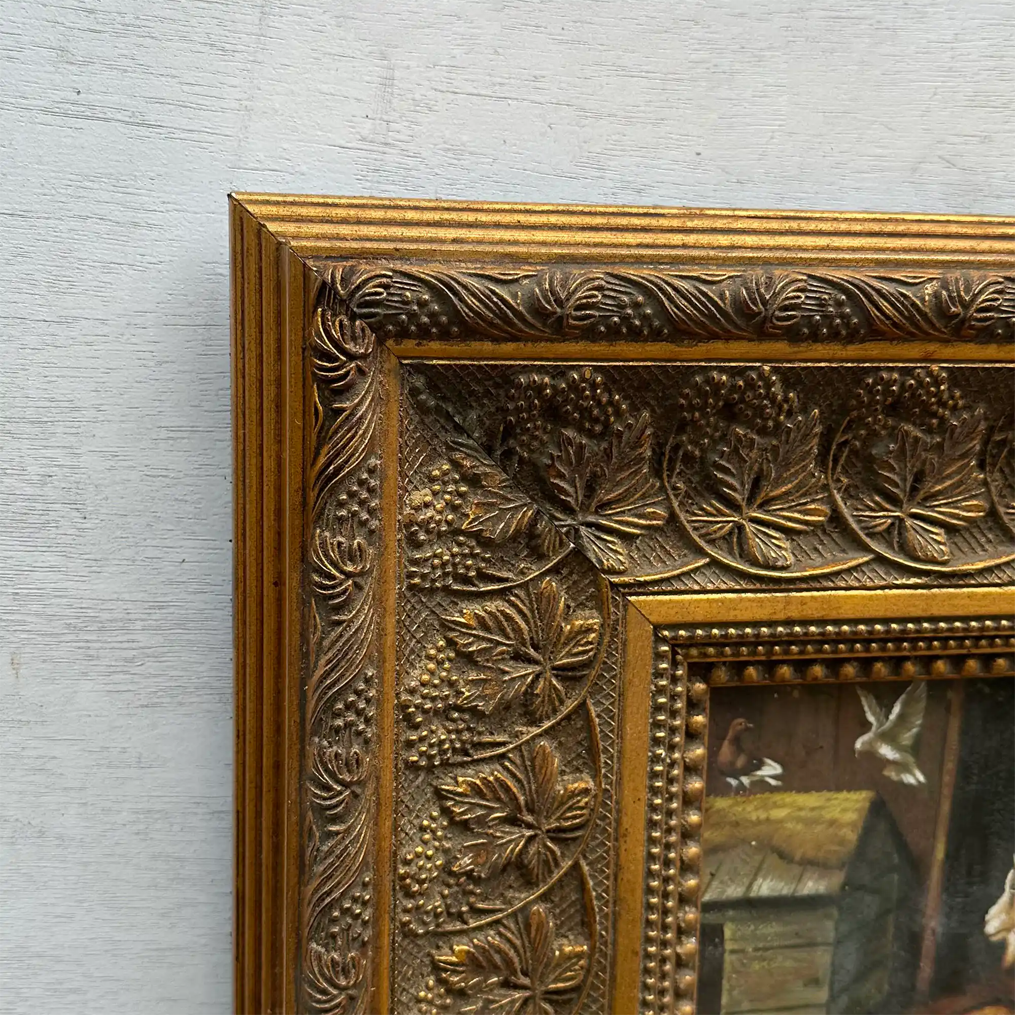 Original Farmhouse Goats Hand-Painted Oil Painting in Heavy Ornate Grapevine Gold Frame   ( with Frame 50 x 45 cm ) - Vintage Oil Painting - Arden Gallery