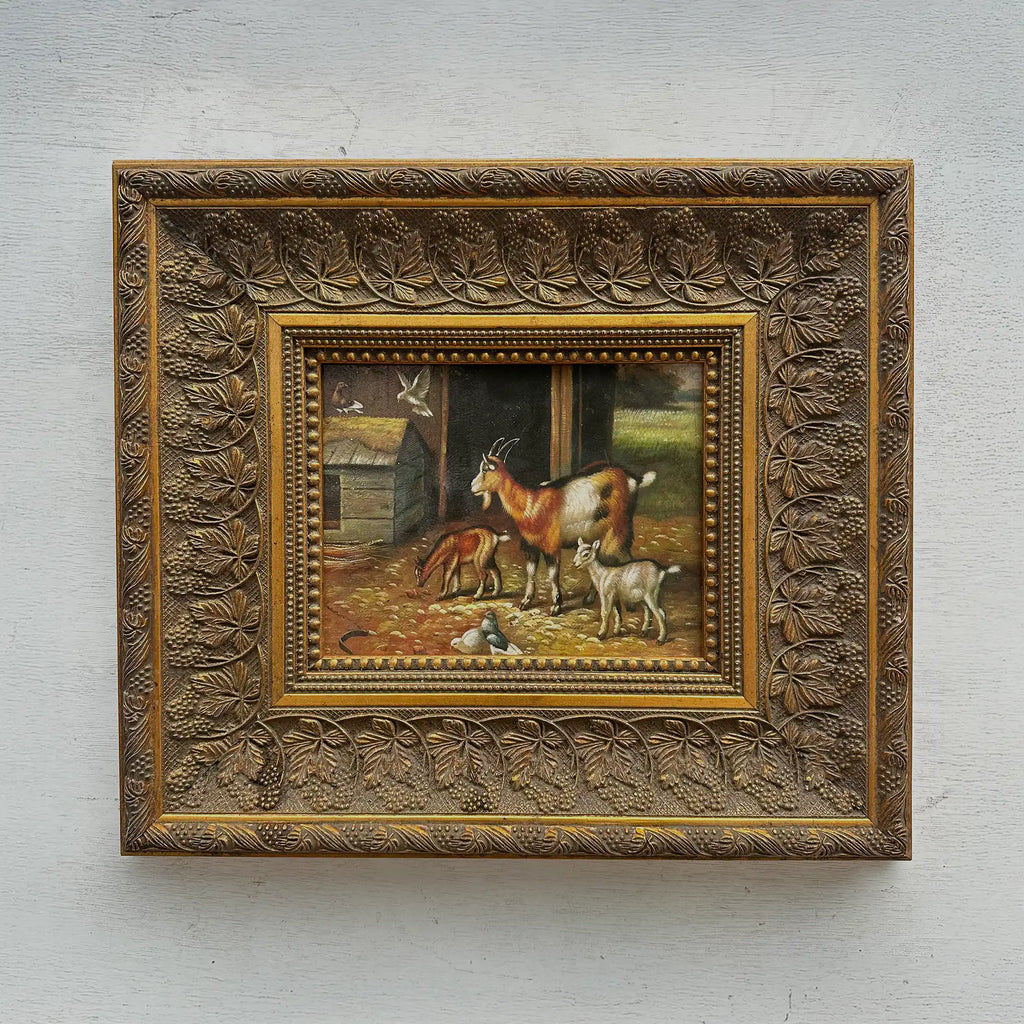 Original Farmhouse Goats Hand-Painted Oil Painting in Heavy Ornate Grapevine Gold Frame   ( with Frame 50 x 45 cm ) - Vintage Oil Painting - Arden Gallery