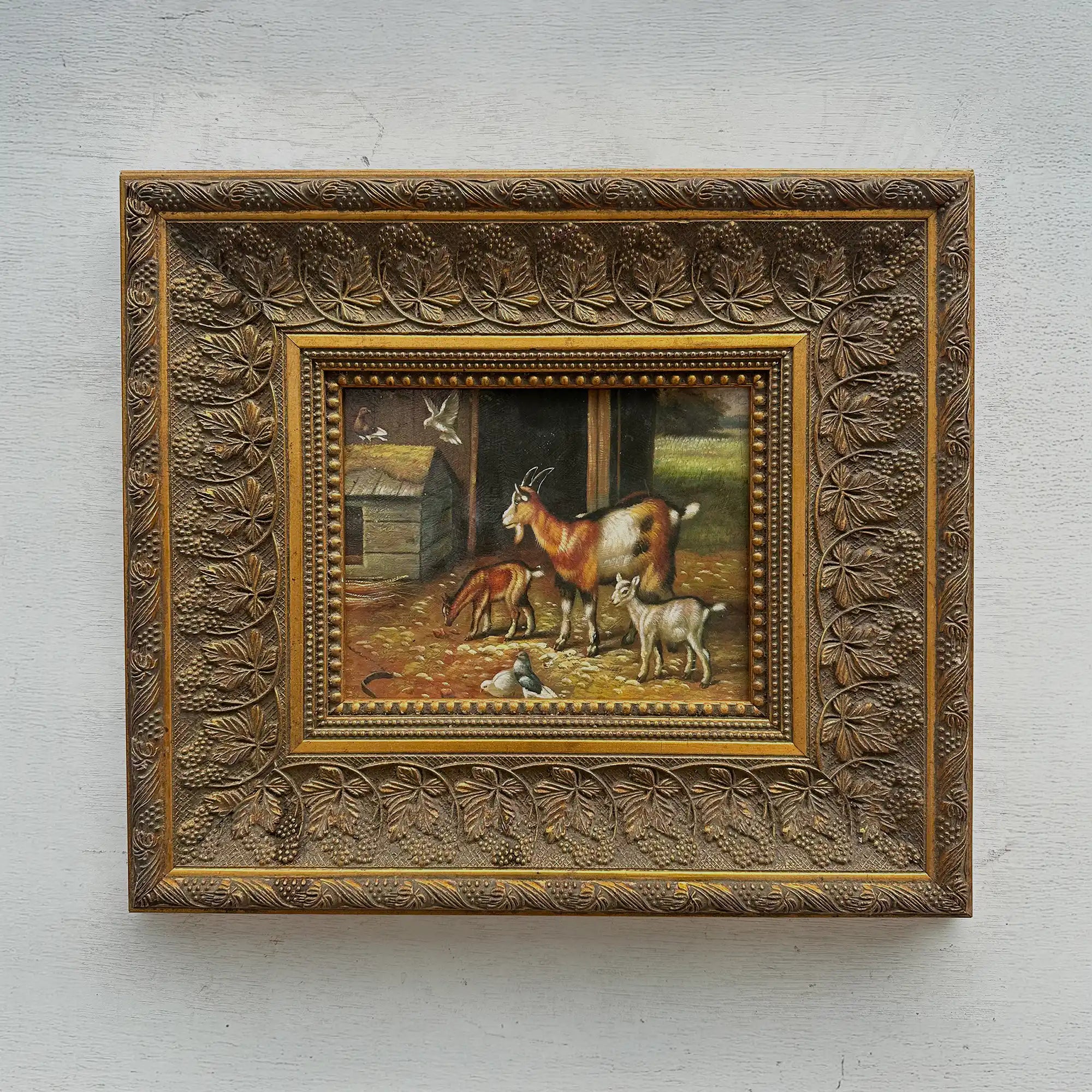 Original Farmhouse Goats Hand-Painted Oil Painting in Heavy Ornate Grapevine Gold Frame   ( with Frame 50 x 45 cm ) - Vintage Oil Painting - Arden Gallery