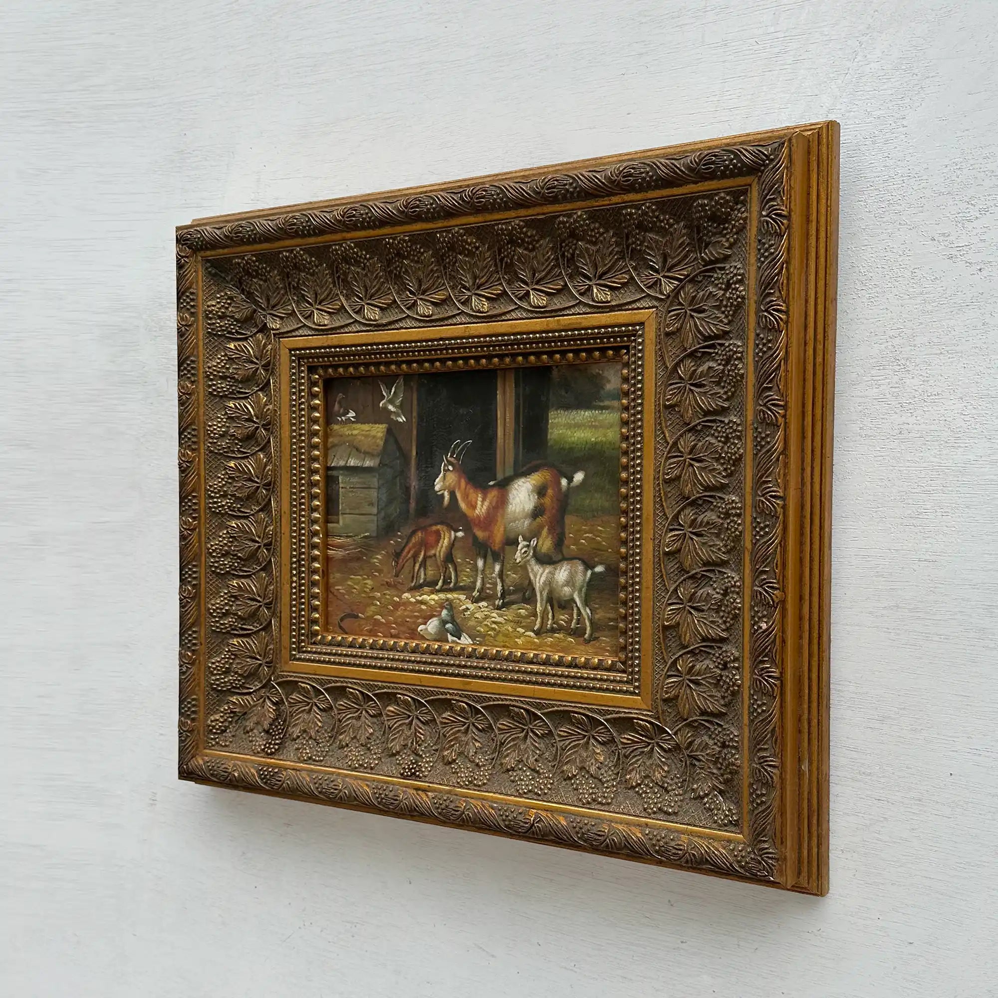 Original Farmhouse Goats Hand-Painted Oil Painting in Heavy Ornate Grapevine Gold Frame   ( with Frame 50 x 45 cm ) - Vintage Oil Painting - Arden Gallery