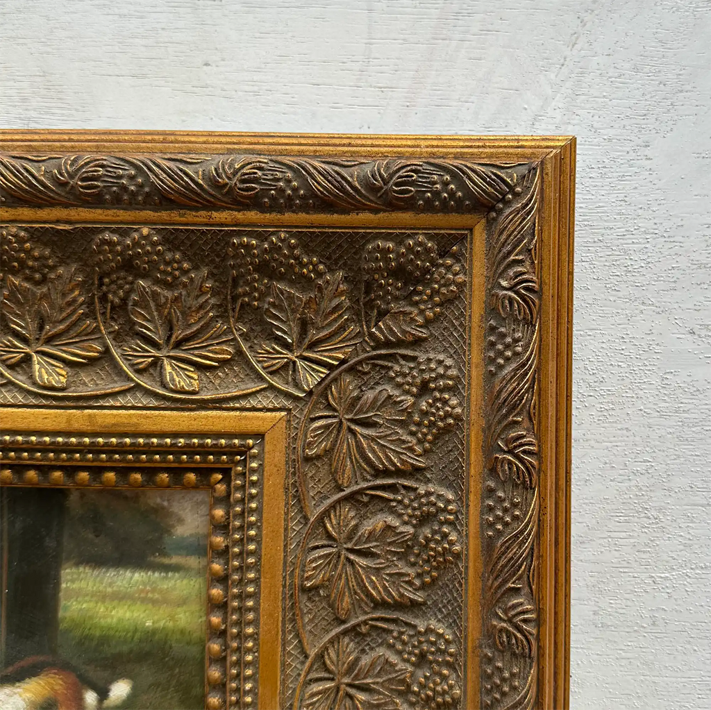 Original Farmhouse Goats Hand-Painted Oil Painting in Heavy Ornate Grapevine Gold Frame   ( with Frame 50 x 45 cm ) - Vintage Oil Painting - Arden Gallery
