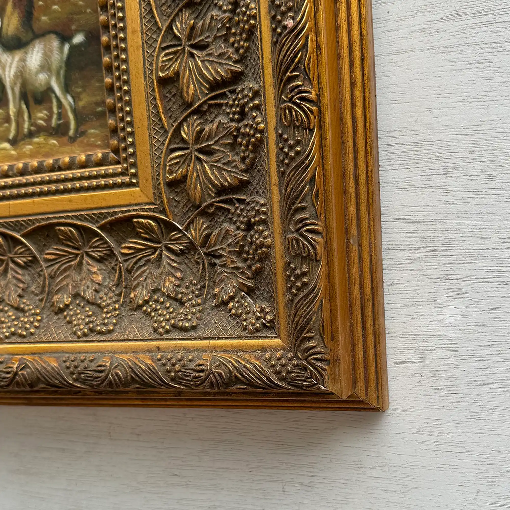 Original Farmhouse Goats Hand-Painted Oil Painting in Heavy Ornate Grapevine Gold Frame   ( with Frame 50 x 45 cm ) - Vintage Oil Painting - Arden Gallery