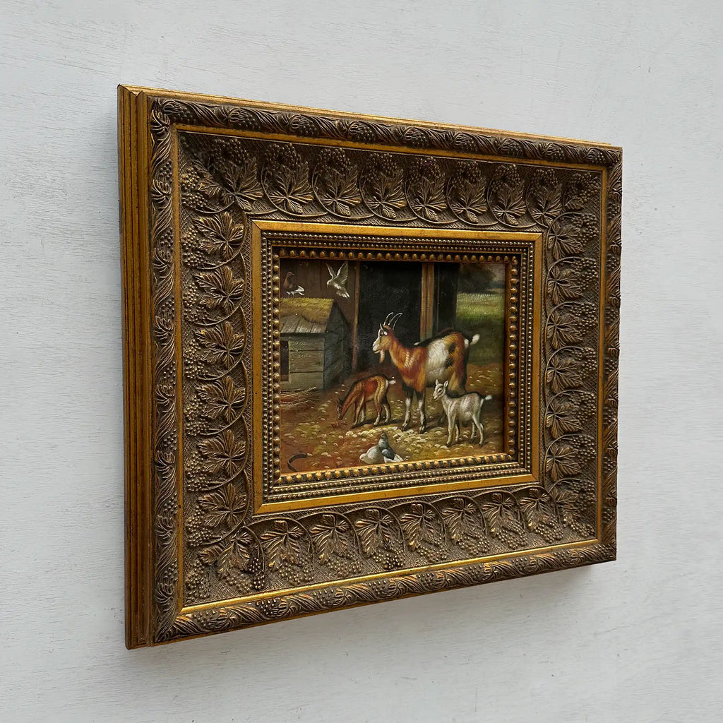 Original Farmhouse Goats Hand-Painted Oil Painting in Heavy Ornate Grapevine Gold Frame   ( with Frame 50 x 45 cm ) - Vintage Oil Painting - Arden Gallery