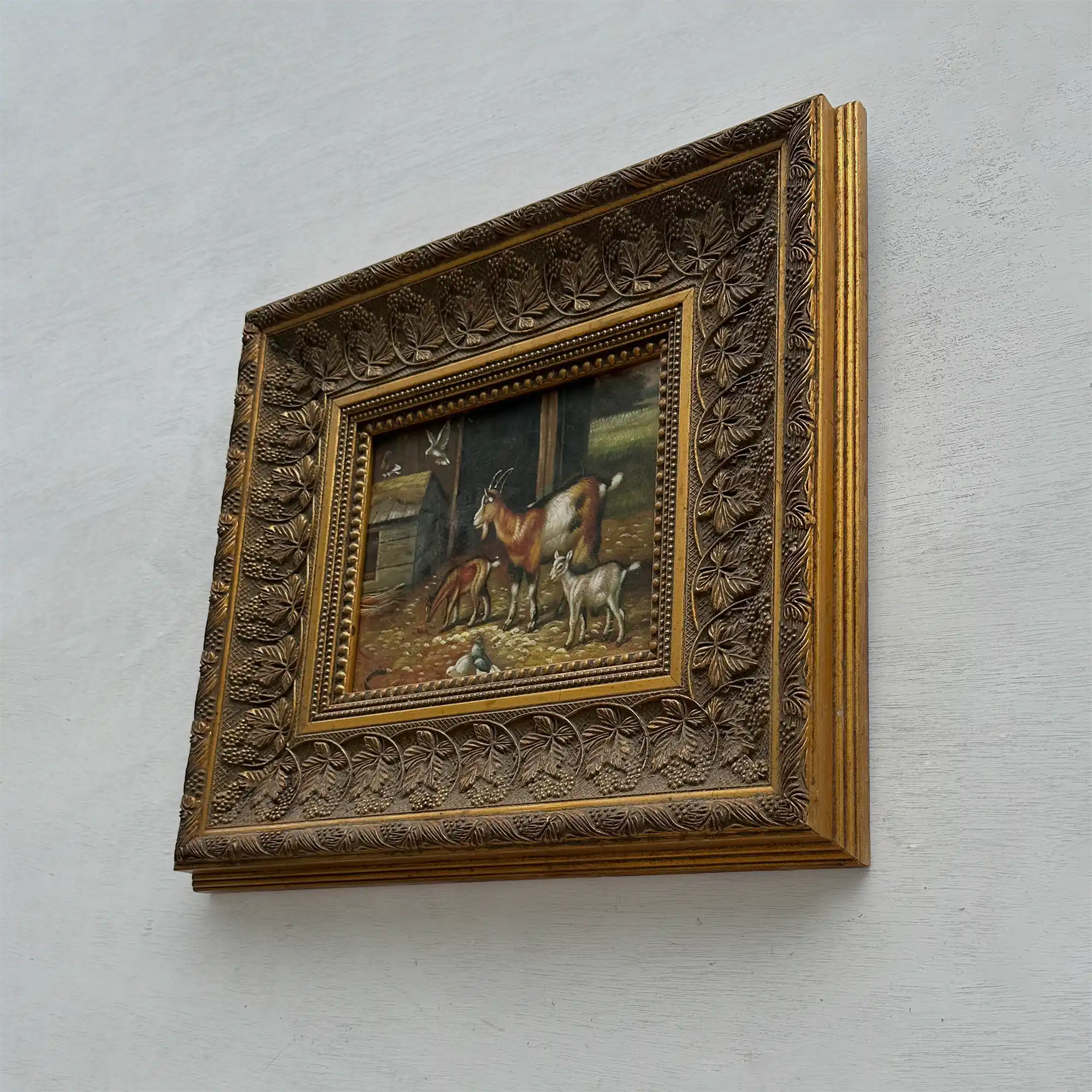 Original Farmhouse Goats Hand-Painted Oil Painting in Heavy Ornate Grapevine Gold Frame   ( with Frame 50 x 45 cm ) - Vintage Oil Painting - Arden Gallery